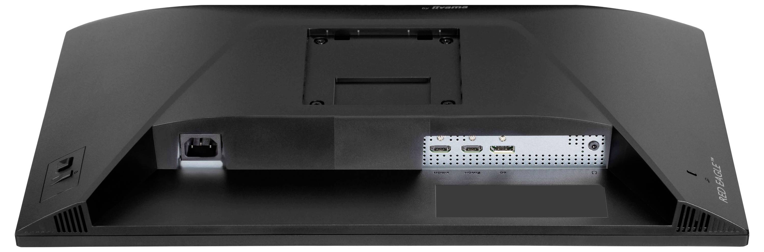 Zadní pohled na monitor s porty a připojeními, včetně portu Ethernet, portů HDMI a připojení napájení.