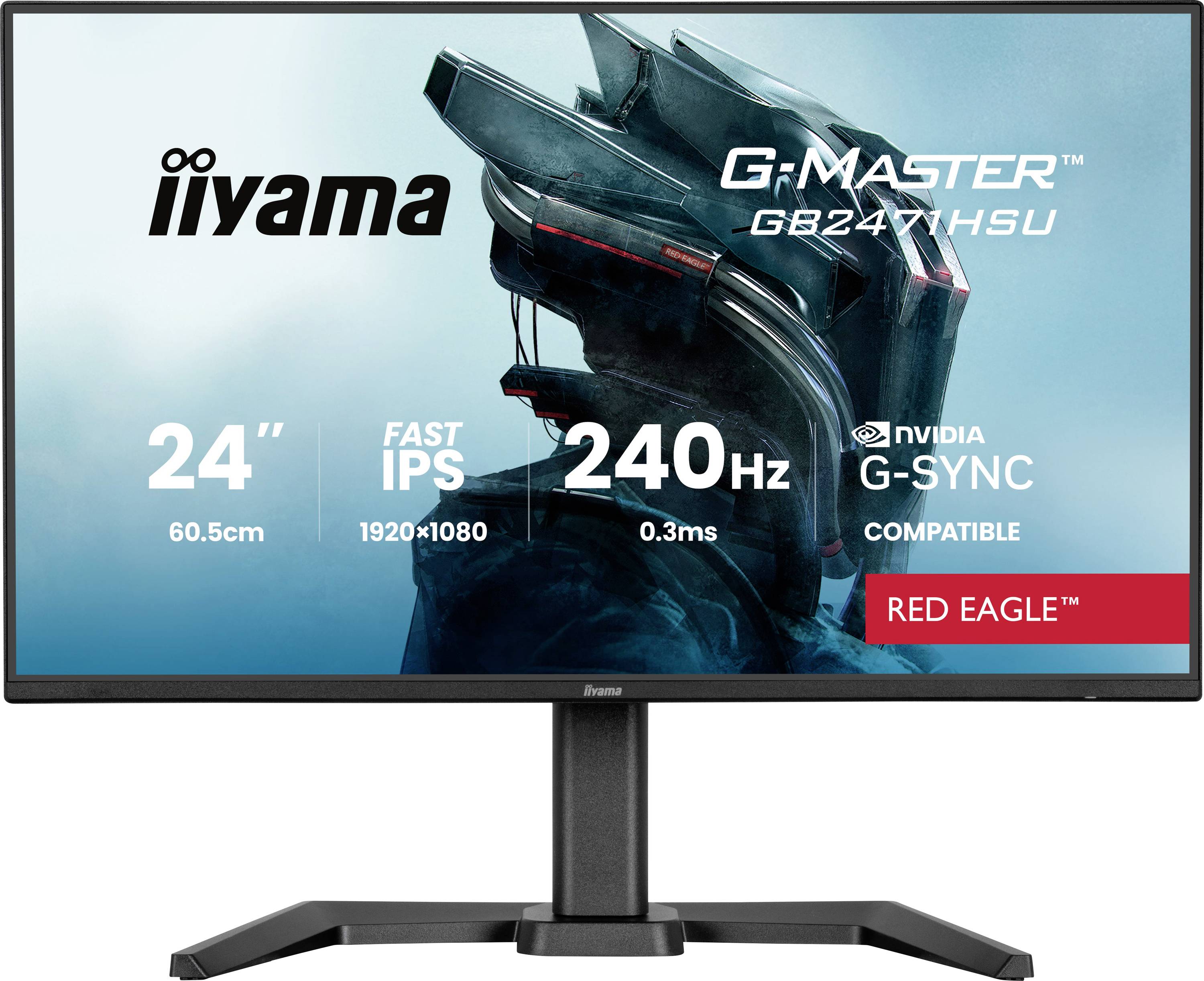 Displej monitoru zobrazující specifikace produktu: 'iiyama G-Master GB247YHSU', 24palcová obrazovka, Fast IPS, rozlišení 1920x1080, obnovovací frekvence 240Hz, doba odezvy 0,3ms, kompatibilní s NVIDIA G-SYNC, značka 'Red Eagle'.