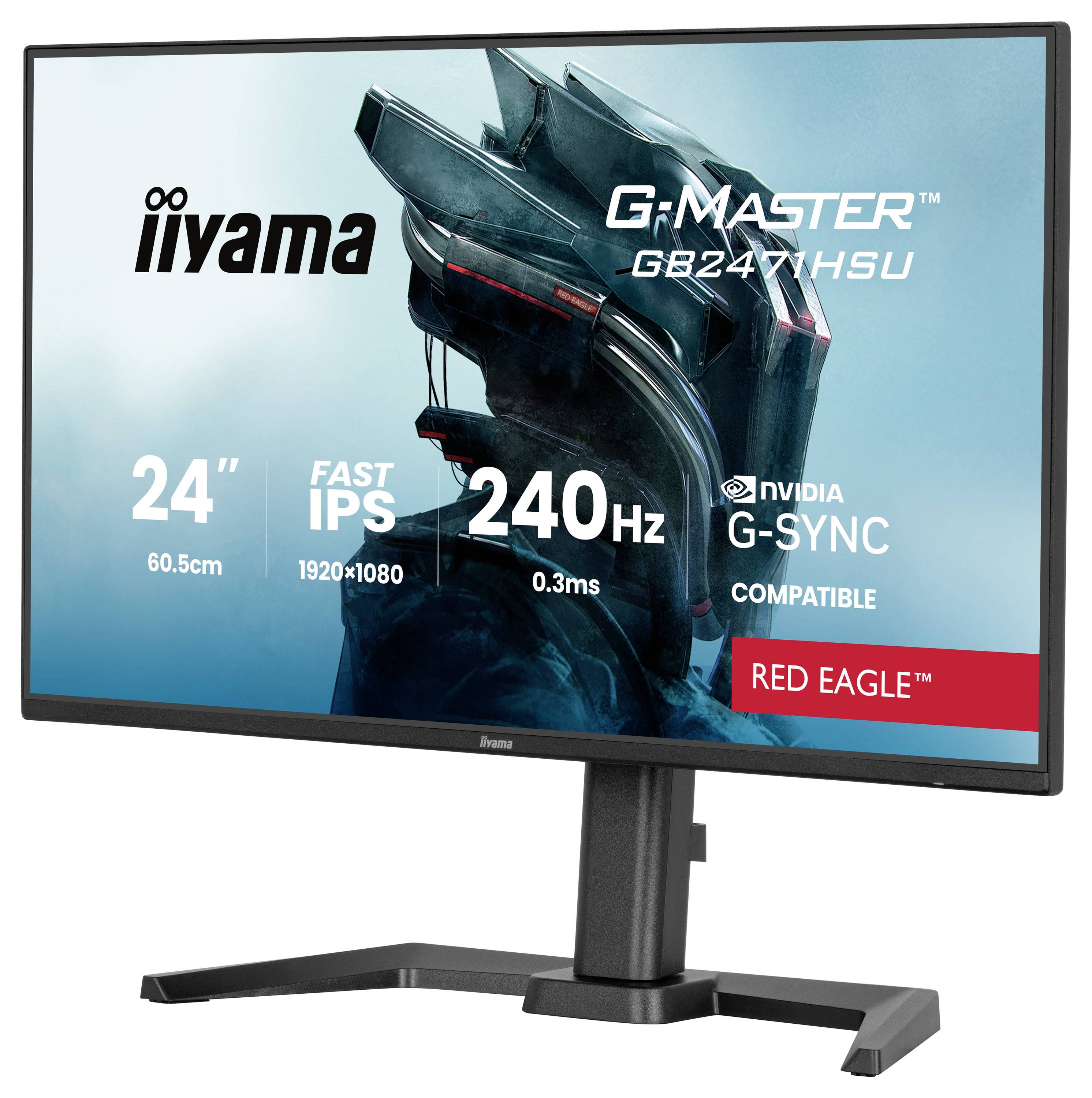 Počítačový monitor zobrazující text "iiyama G-Master GB2477HSU", "24" Fast IPS 240Hz" a "NVIDIA G-SYNC Compatible Red Eagle".