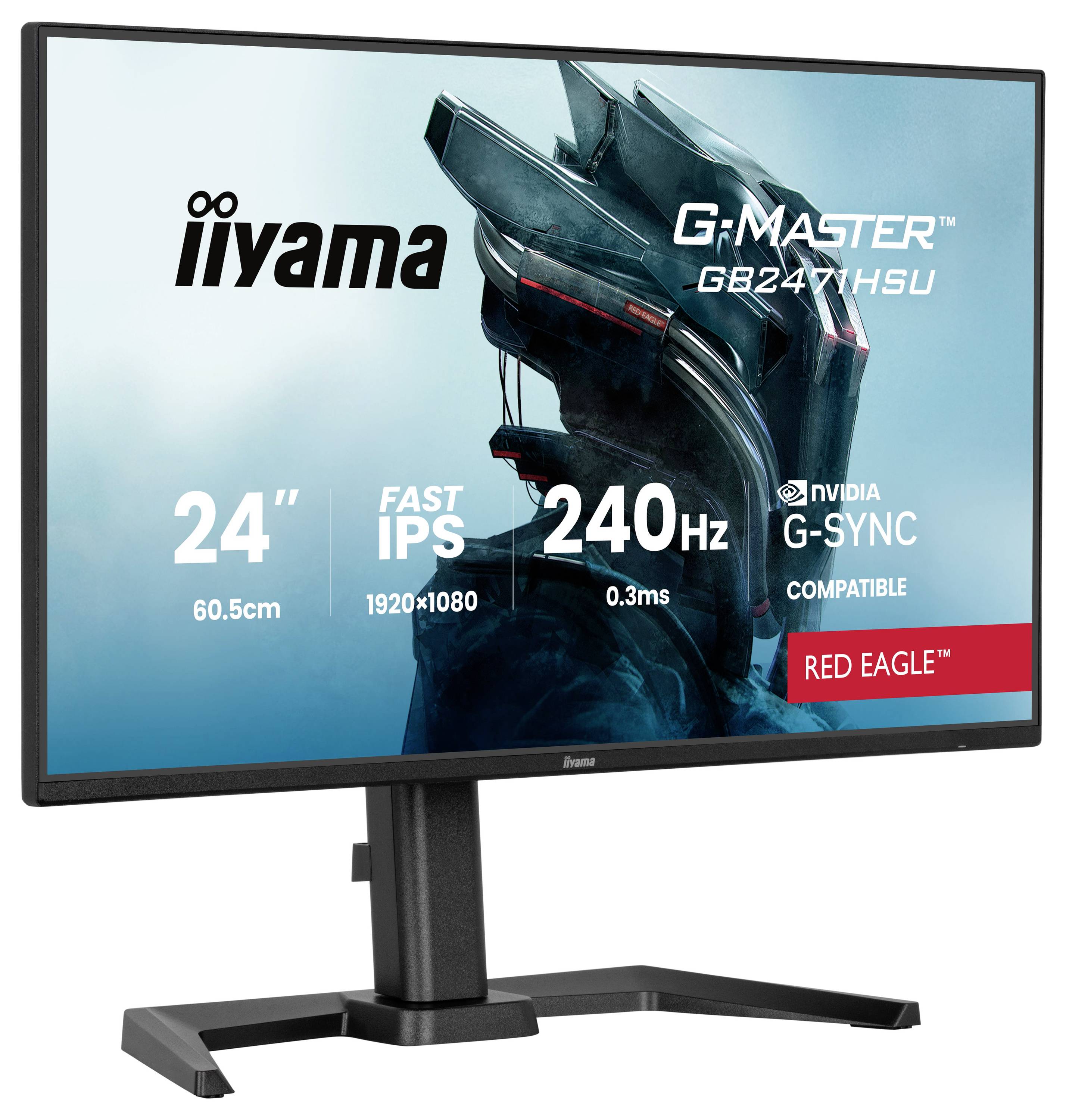 Počítačový monitor zobrazující specifikace: 24" obrazovka, obnovovací frekvence 240Hz, technologie Fast IPS, rozlišení 1920x1080, kompatibilní s NVIDIA G-SYNC.