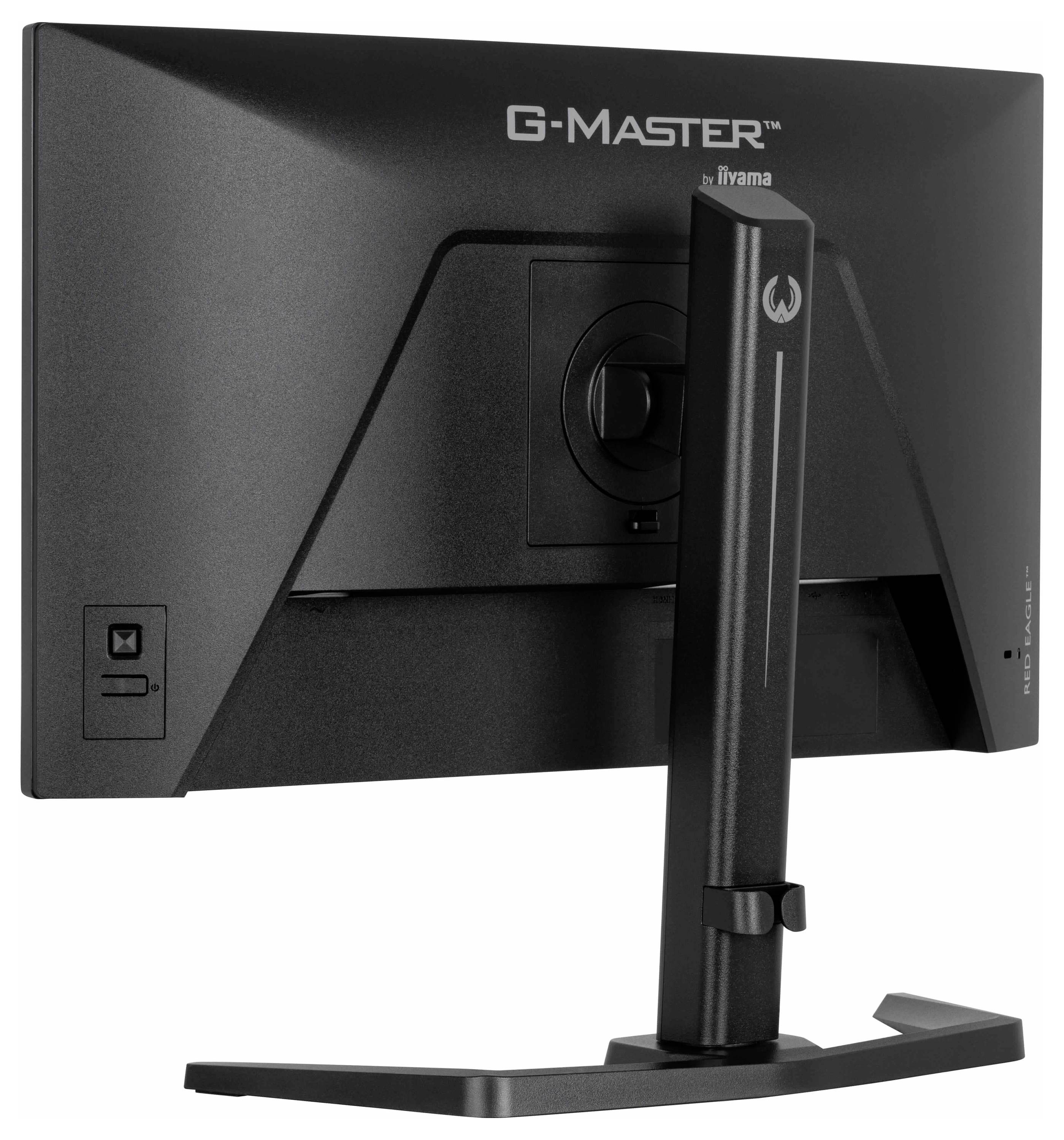 Černý počítačový monitor označený 'G-Master.' Obrázek ukazuje záda, včetně stojanu, portů a funkce pro správu kabelů.