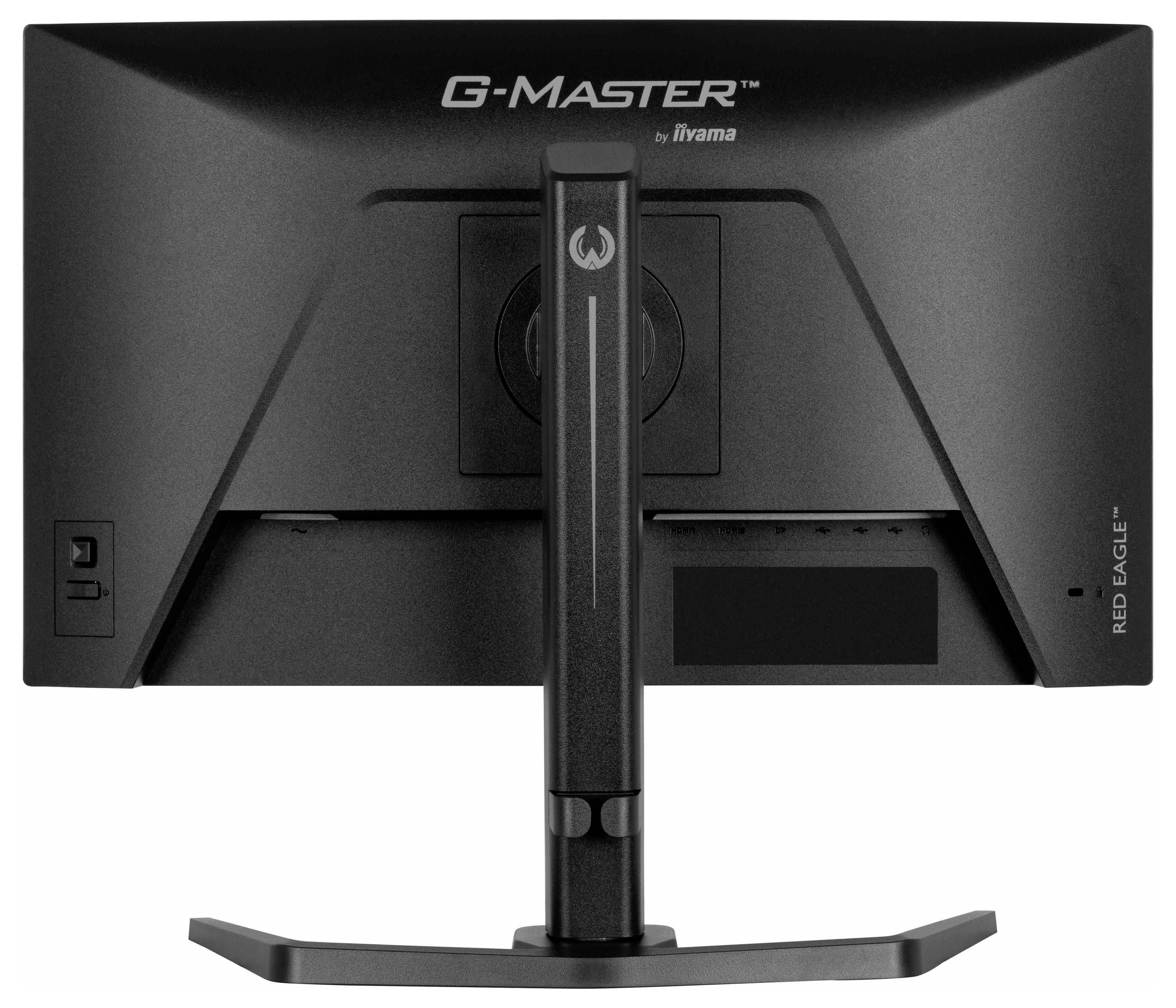 Obrázek ukazuje zadní pohled na počítačový monitor iiyama G-Master Red Eagle, zdůrazňující jeho ergonomický stojan a porty pro připojení.