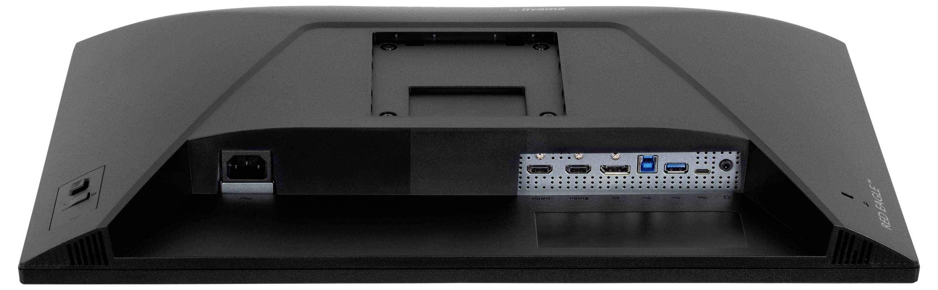 Zadní pohled na monitor zobrazující více portů včetně HDMI, USB a zásuvky napájení se štěrbinou pro připojení stojanu.
