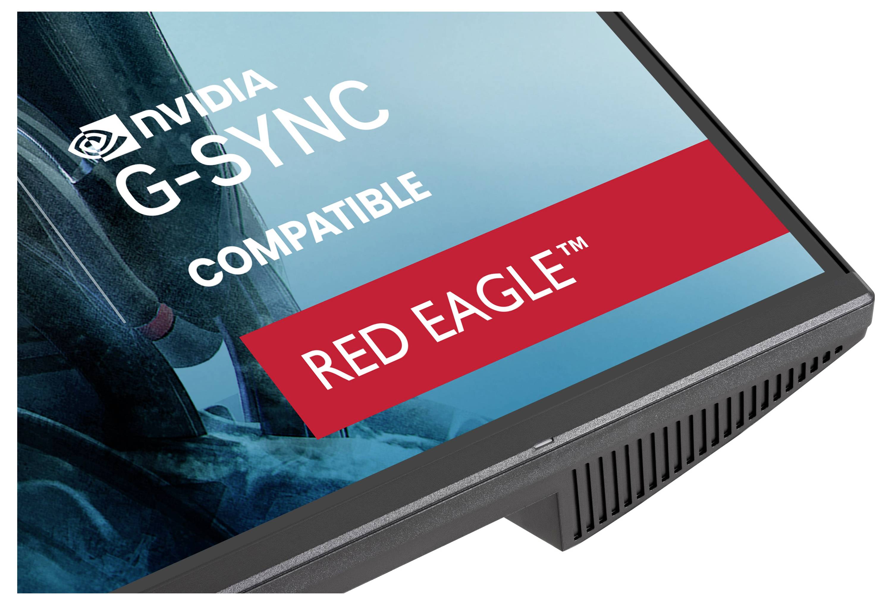 Monitorovací obrazovka s kompatibilitou NVIDIA G-SYNC a červeným bannerem označeným "RED EAGLE," která zdůrazňuje vlastnosti výkonu displeje.