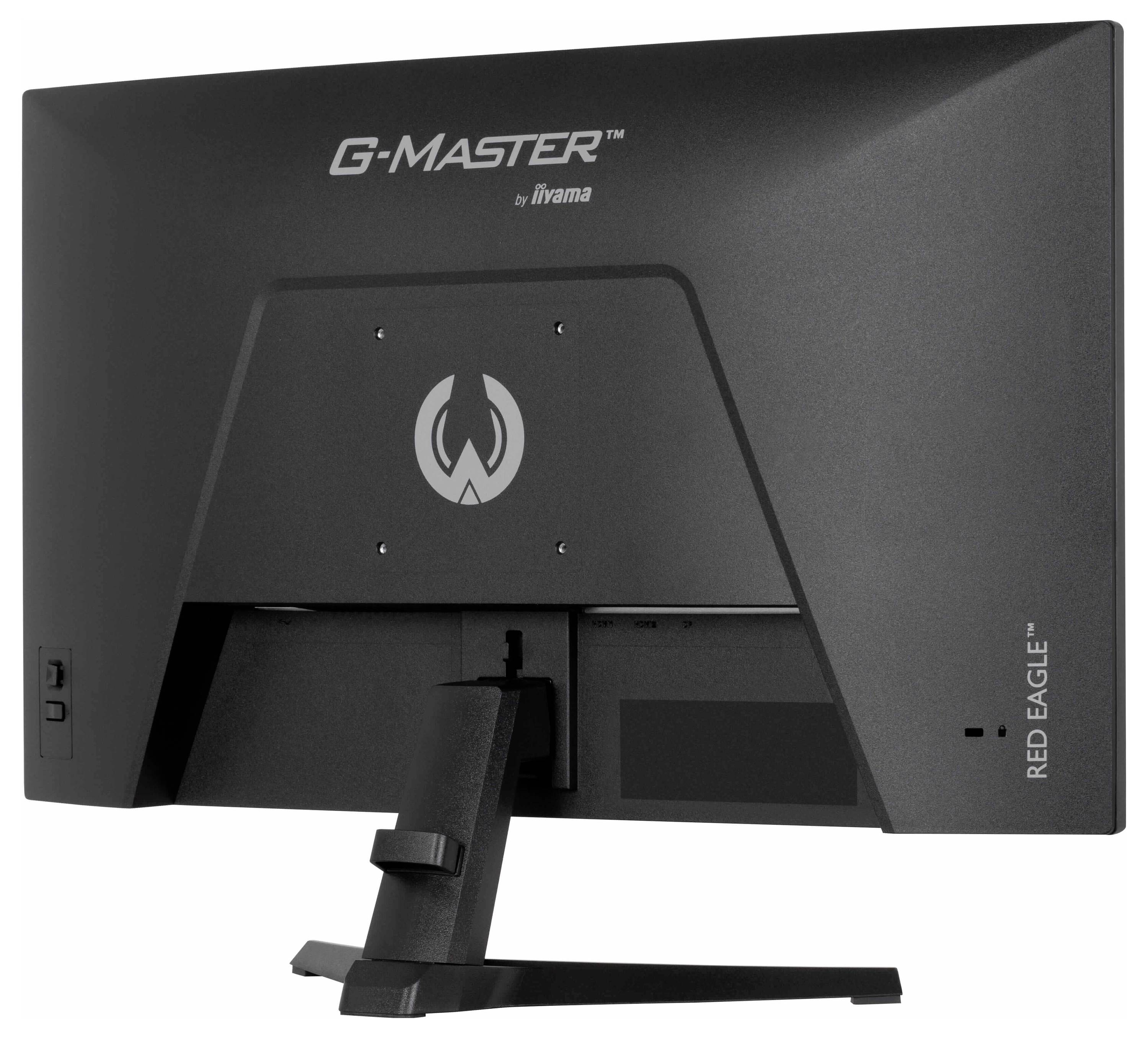 Černý počítačový monitor zobrazený zezadu se značkou "G-Master by iiyama" a nálepkou "Red Eagle" na stojanu.