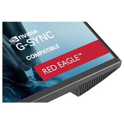 Roh monitoru s branding informacemi "NVIDIA G-SYNC Compatible" a červeným štítkem "RED EAGLE".