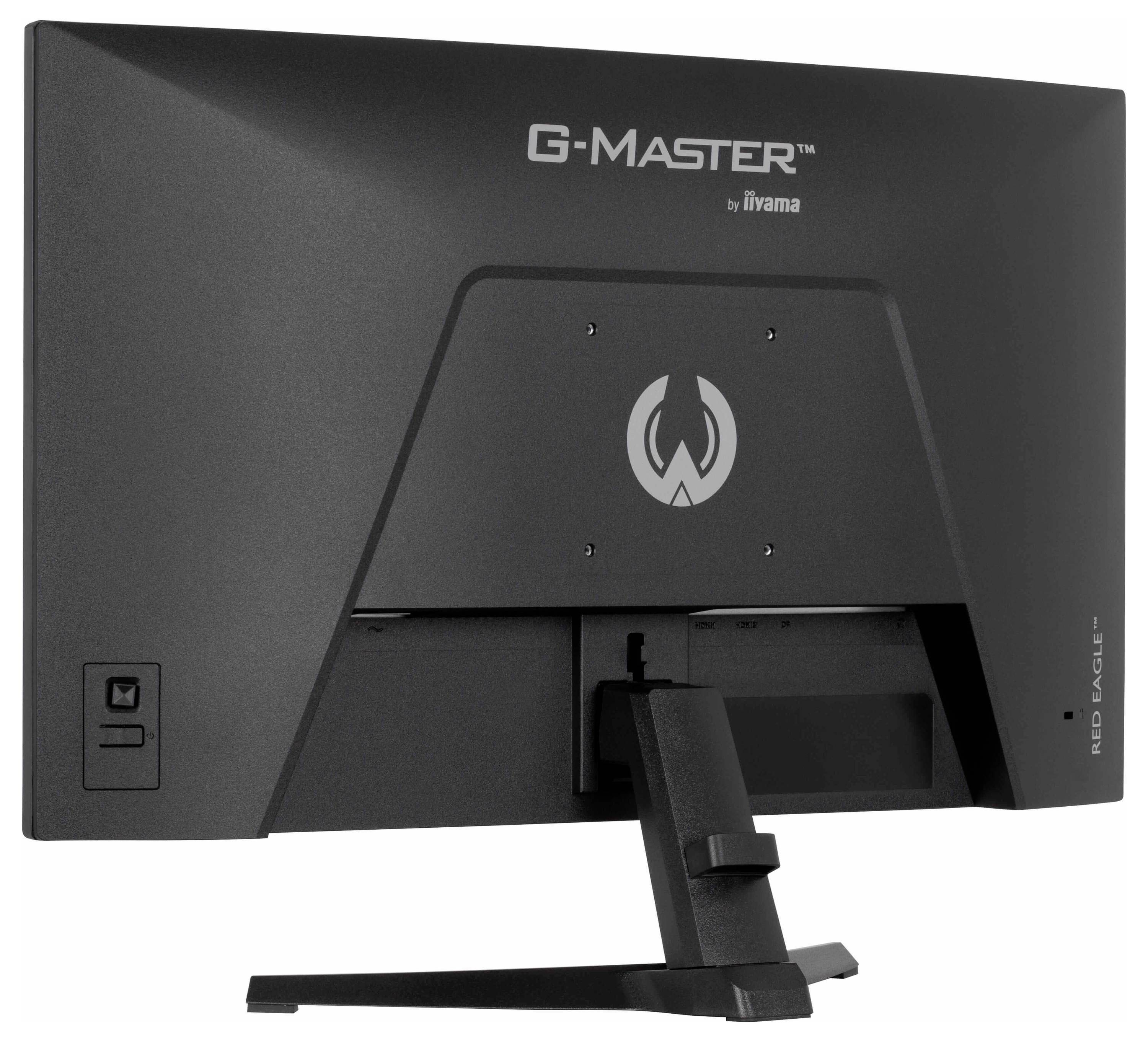 Zadní pohled na černý herní monitor iiyama G-Master z řady Red Eagle, zobrazující stojan a porty; určen pro hraní her.