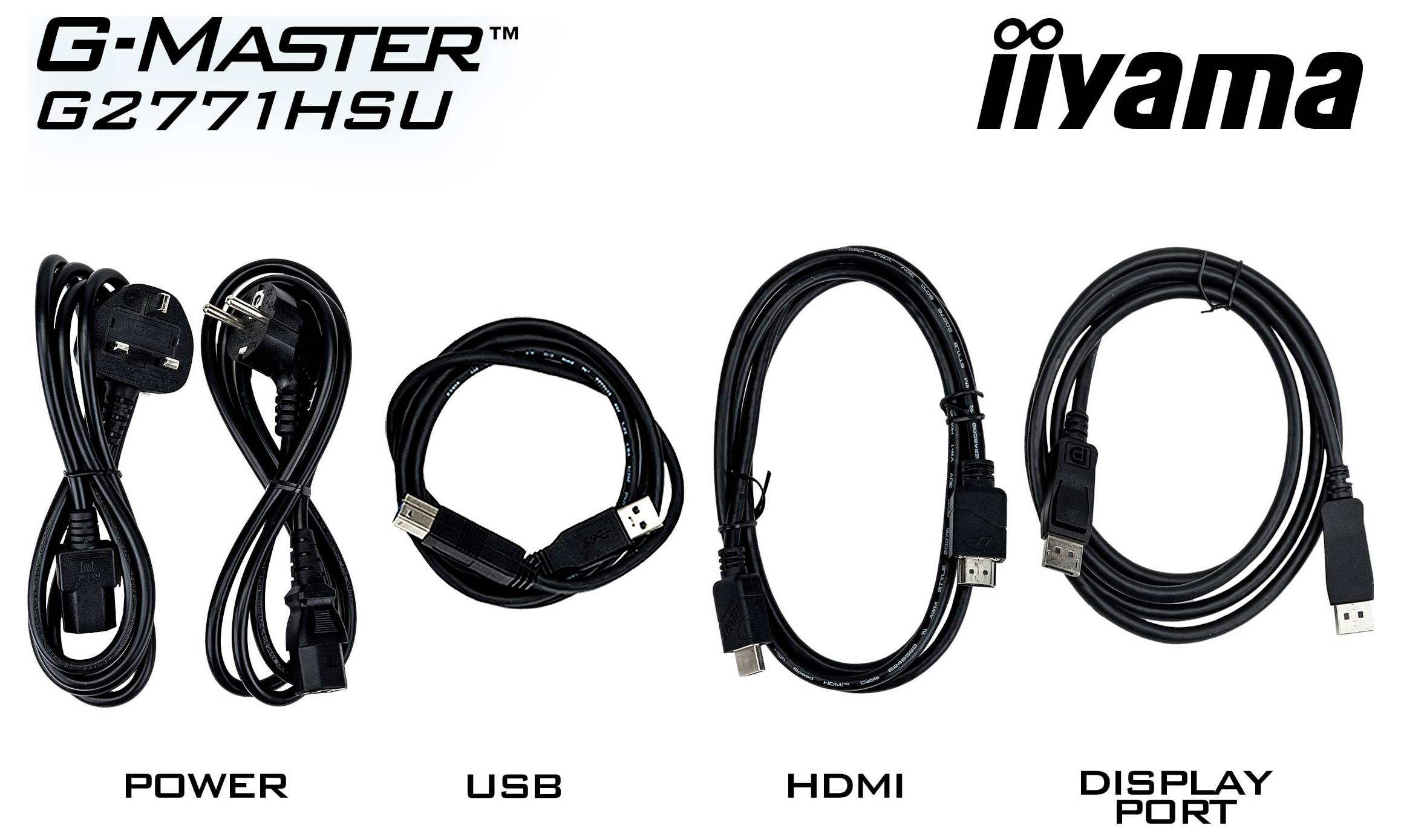 'G-Master G2771HSU - iiyama' štítek se čtyřmi kabely: napájecí kabel, USB, HDMI a Display Port. Každý kabel je navinutý a popsaný níže.