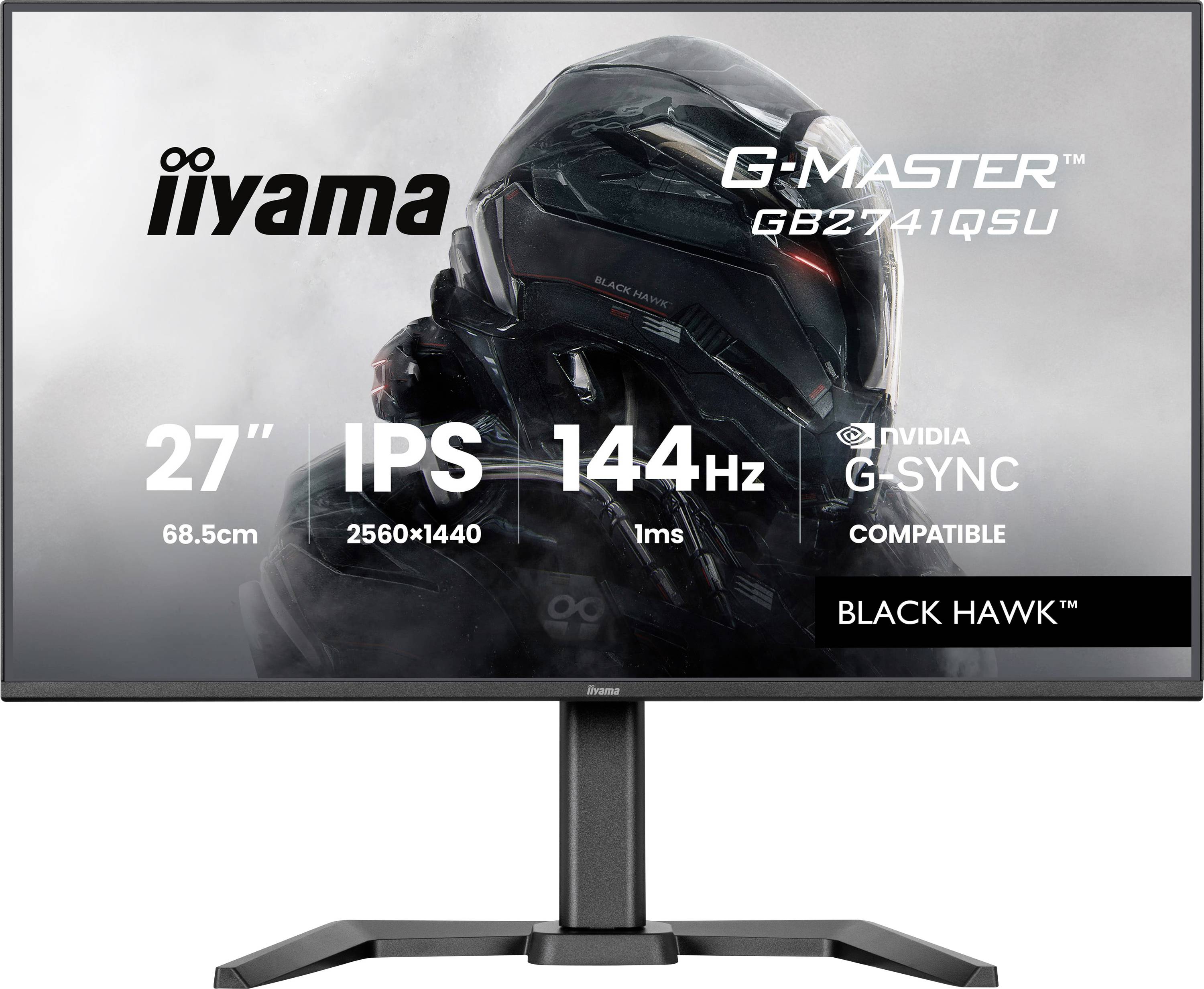 Monitor zobrazující pancéřovanou postavu se specifikacemi: 27palcový, IPS, rozlišení 2560x1440, 144Hz, odezva 1ms, kompatibilní s NVIDIA G-SYNC.