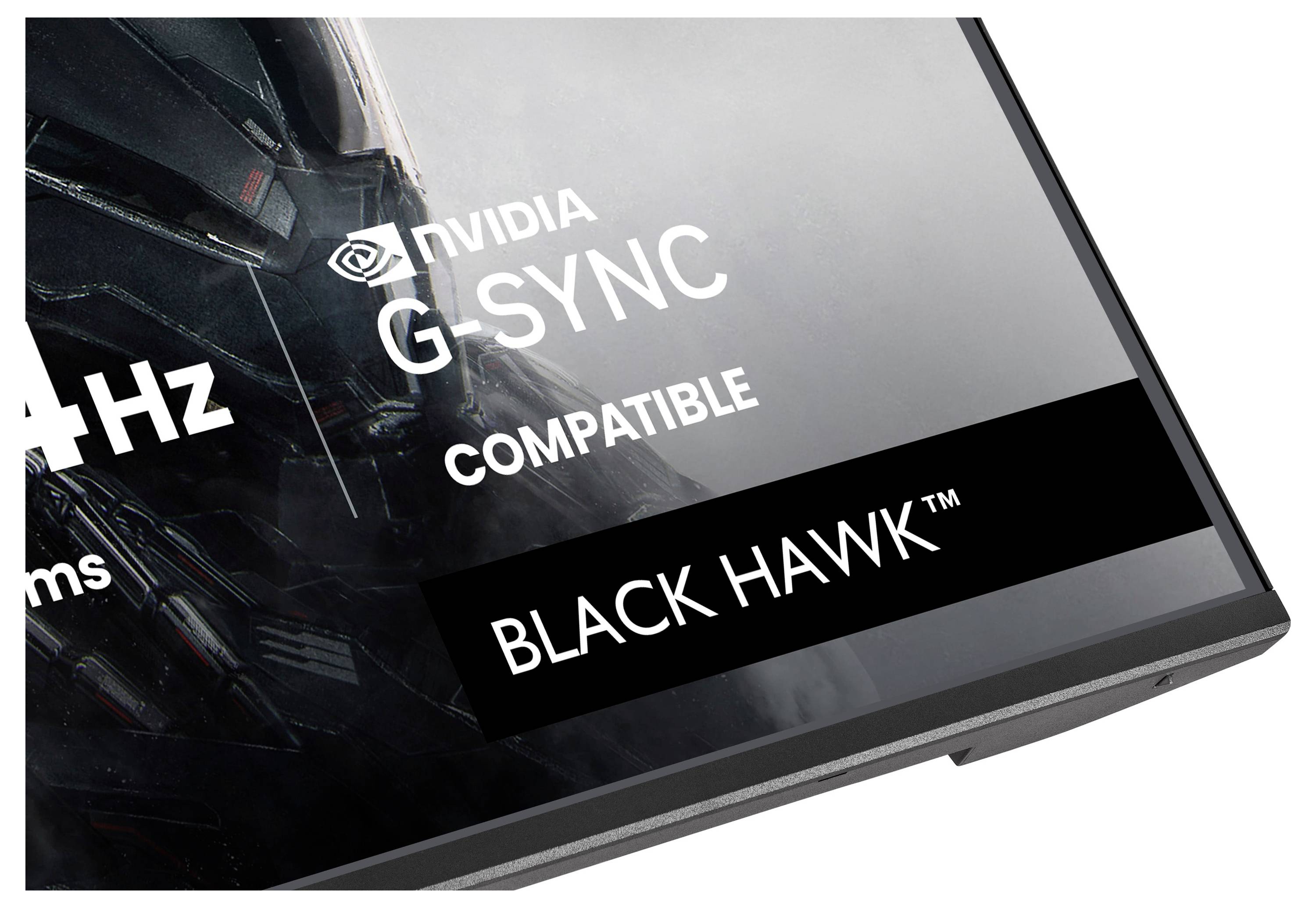 Přiblížený snímek rohu monitoru ukazující text: 'NVIDIA G-SYNC Compatible' a 'BLACK HAWK™', označující funkce displeje.