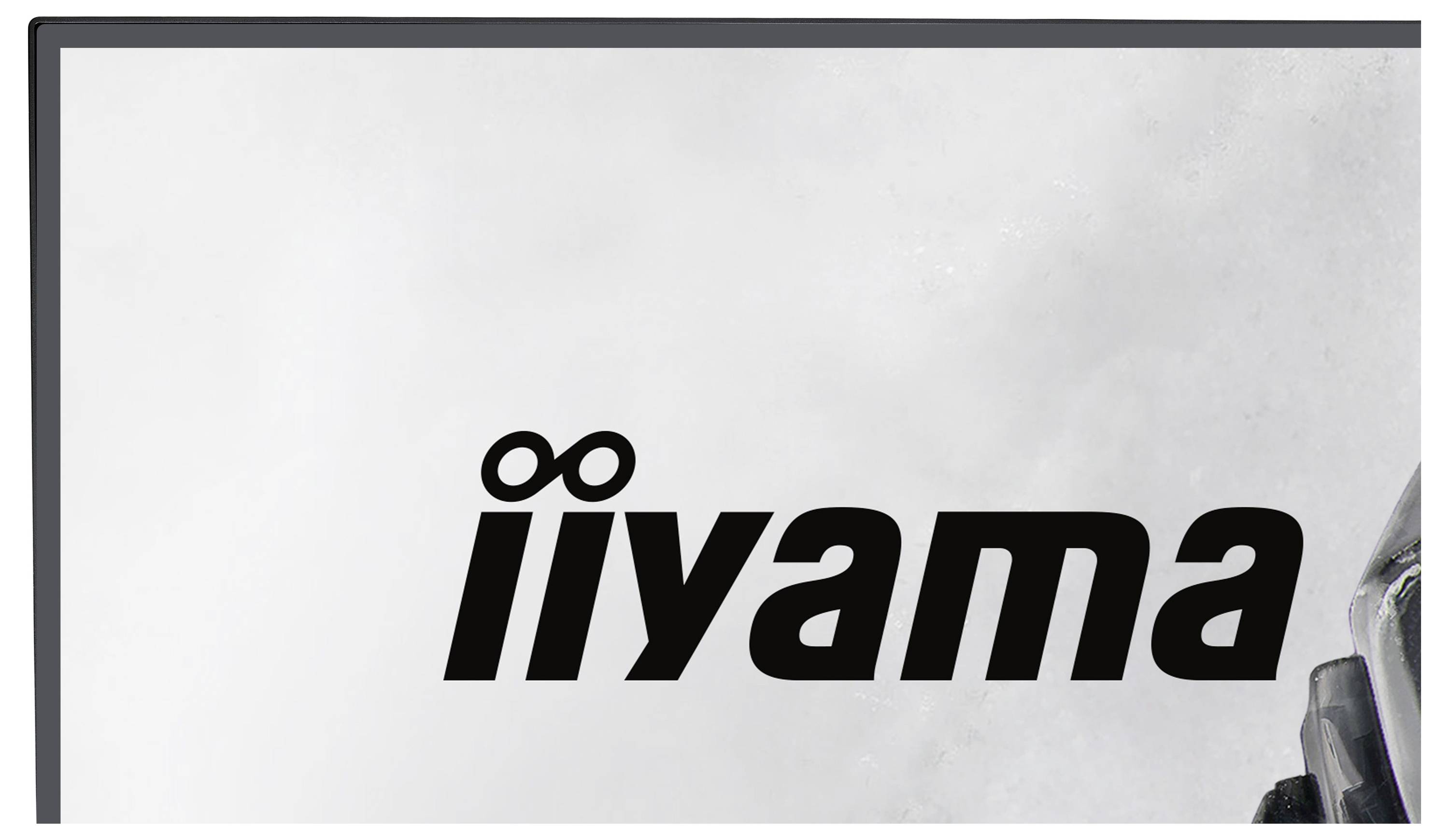 Monitor zobrazující logo „iiyama" v černé barvě na světlém pozadí.