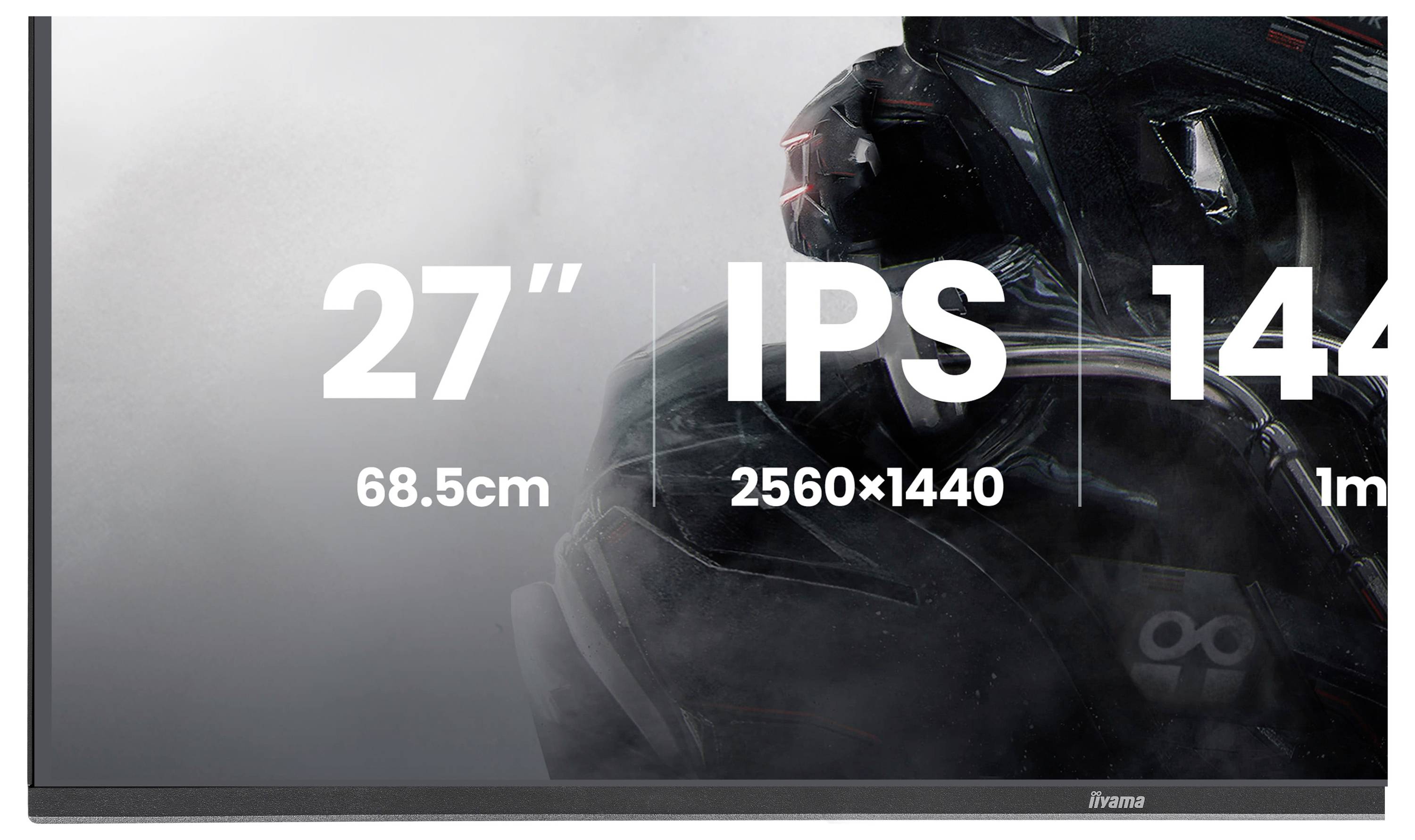 „27" 68,5cm, IPS, 2560x1440, 144Hz, 1ms" zobrazeno na obrazovce monitoru.
