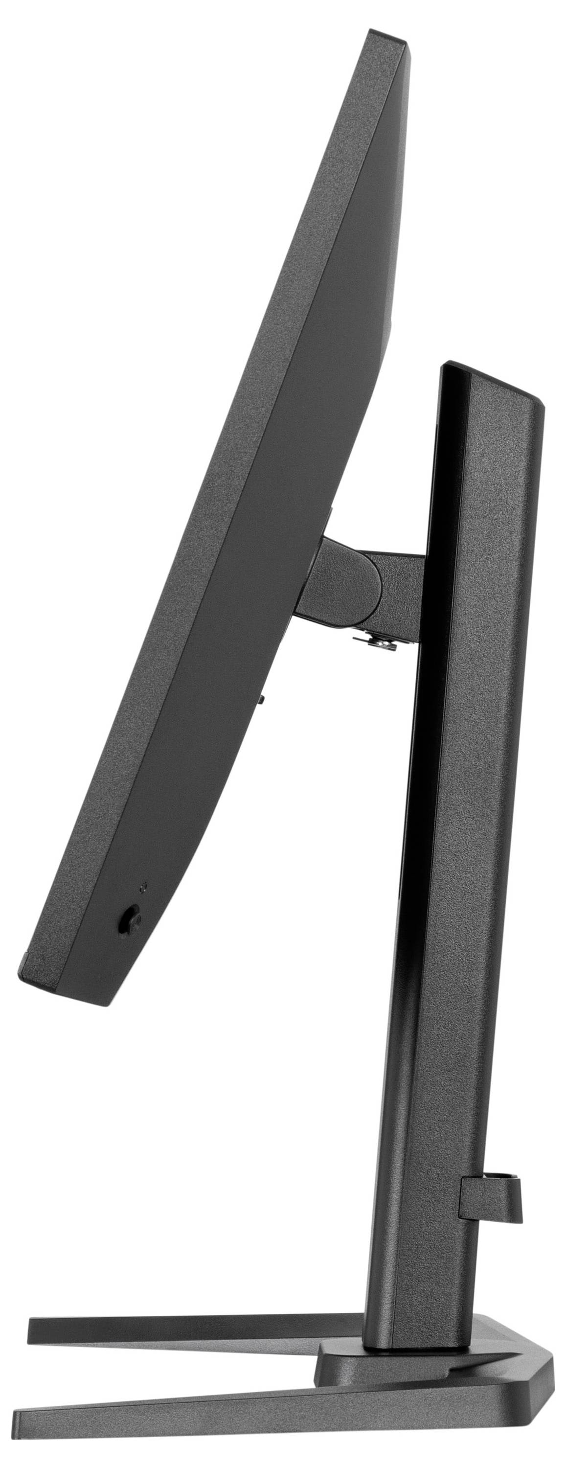 Boční pohled na tenký černý počítačový monitor s robustním obdélníkovým stojanem, který zdůrazňuje jeho štíhlý design a nastavitelnou funkci sklonu.