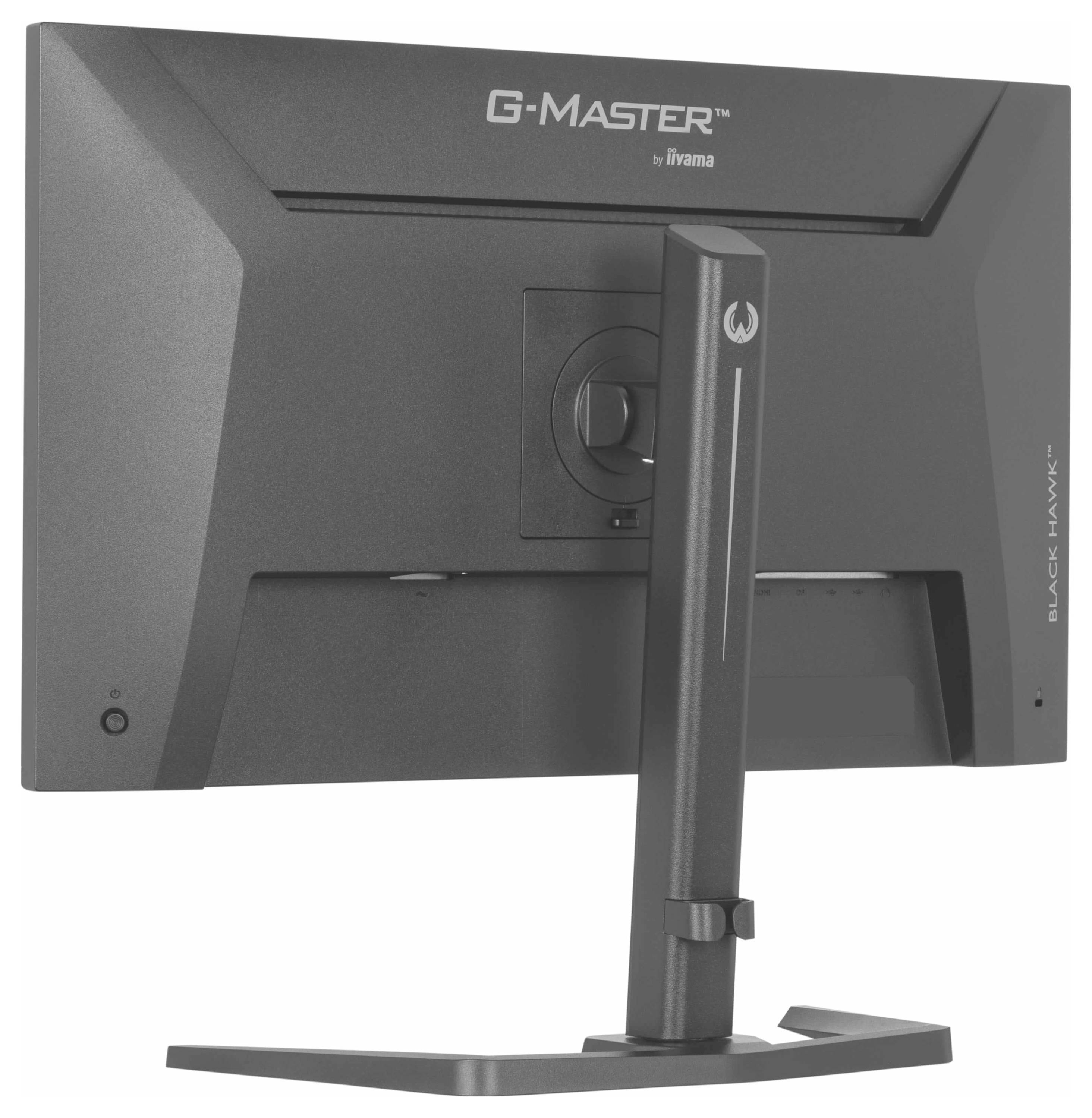 Zadní pohled na monitorovat počítače 'G-MASTER' s nastavitelným stojanem, nabízející elegantní, úhlový design a označením 'BLACK HAWK'.