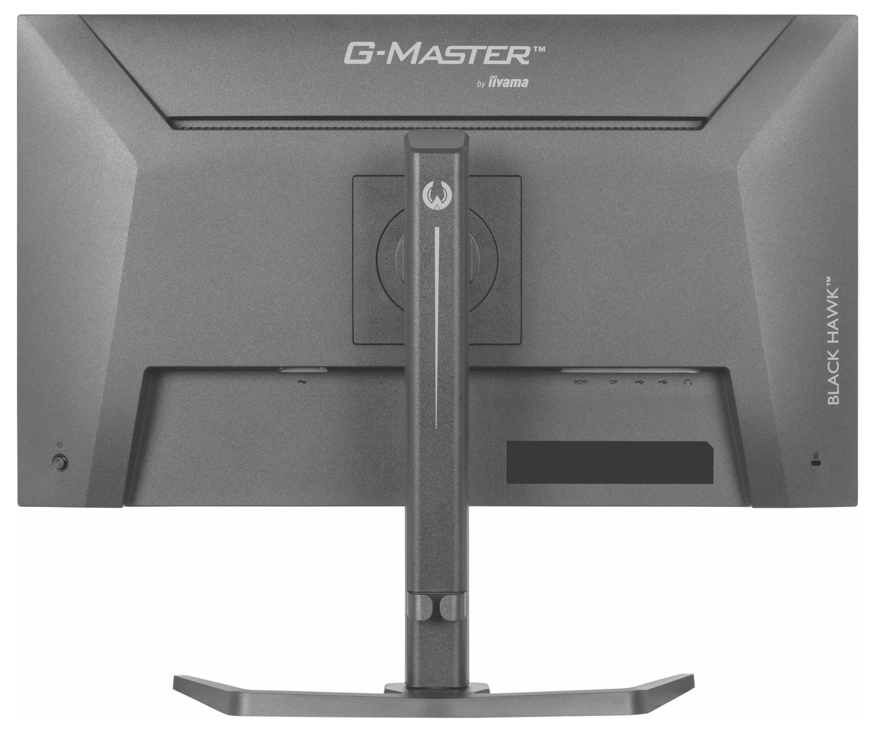 Zadní pohled na monitor iiyama G-Master Black Hawk s centrálním stojanem s brandingem a více porty na pravé straně.
