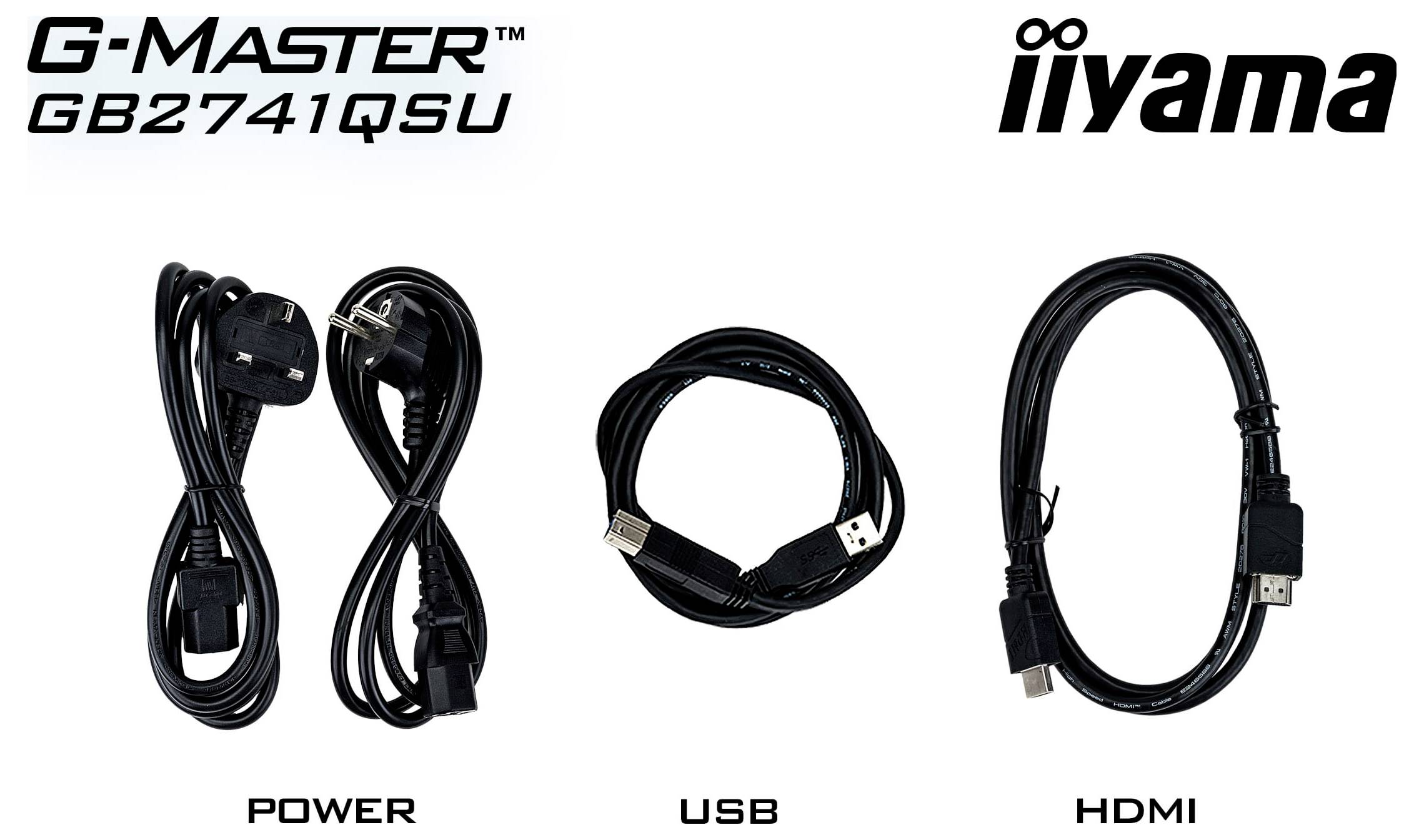 Obrázek zobrazuje tři typy kabelů: napájecí kabel, kabel USB a kabel HDMI, s popisky a logem iiyama výše.