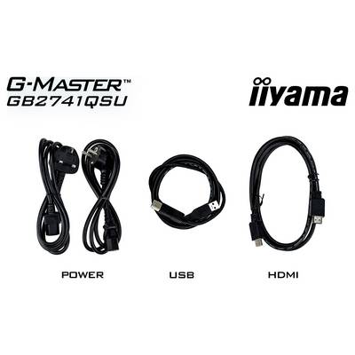 Obrázek zobrazuje tři typy kabelů: napájecí kabel, kabel USB a kabel HDMI, s popisky a logem iiyama výše.