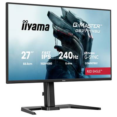 Počítačový monitor zobrazující své specifikace: „27palcový Fast IPS, 1920x1080, 240Hz, 0,4ms, kompatibilní s NVIDIA G-SYNC, Red Eagle."
