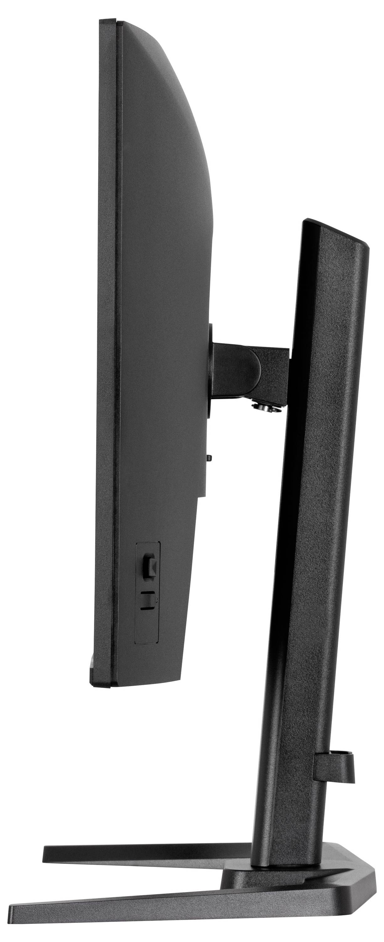 Boční pohled na moderní monitor s plochou obrazovkou se stylovým černým rámem a stojánkem, který ukazuje jeho štíhlý profil a ergonomický sklon.