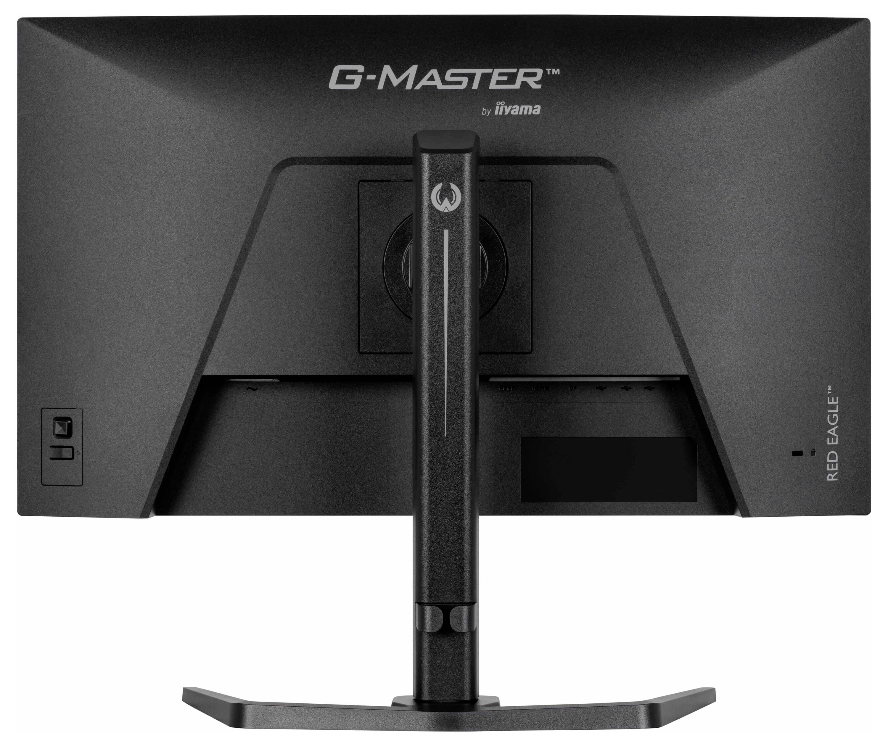 Černý monitor pohledaný zezadu, opatřený robustním stojanem a označený "G-Master."