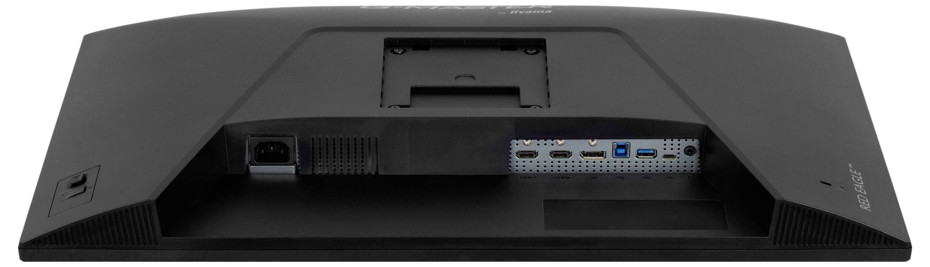 Zadní strana počítačového monitoru s různými porty, včetně HDMI, DisplayPort a USB připojení, s energetickou zásuvkou na levé straně.