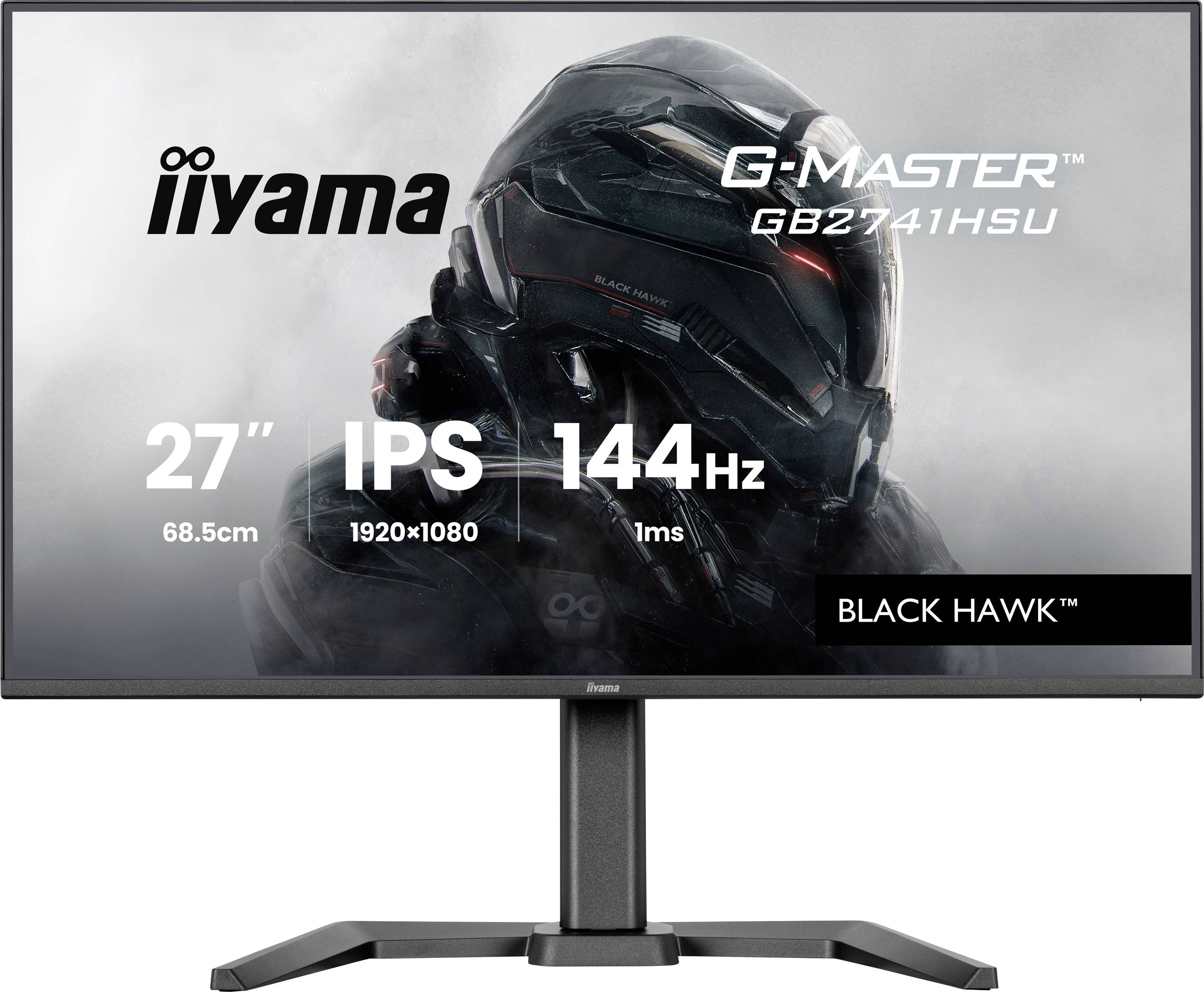 Na obrázku je zobrazen širokouhlý monitor s značkou "iiyama G-Master GB2734HSU", který má na obrazovce loga "27" IPS 144Hz" a "Black Hawk".