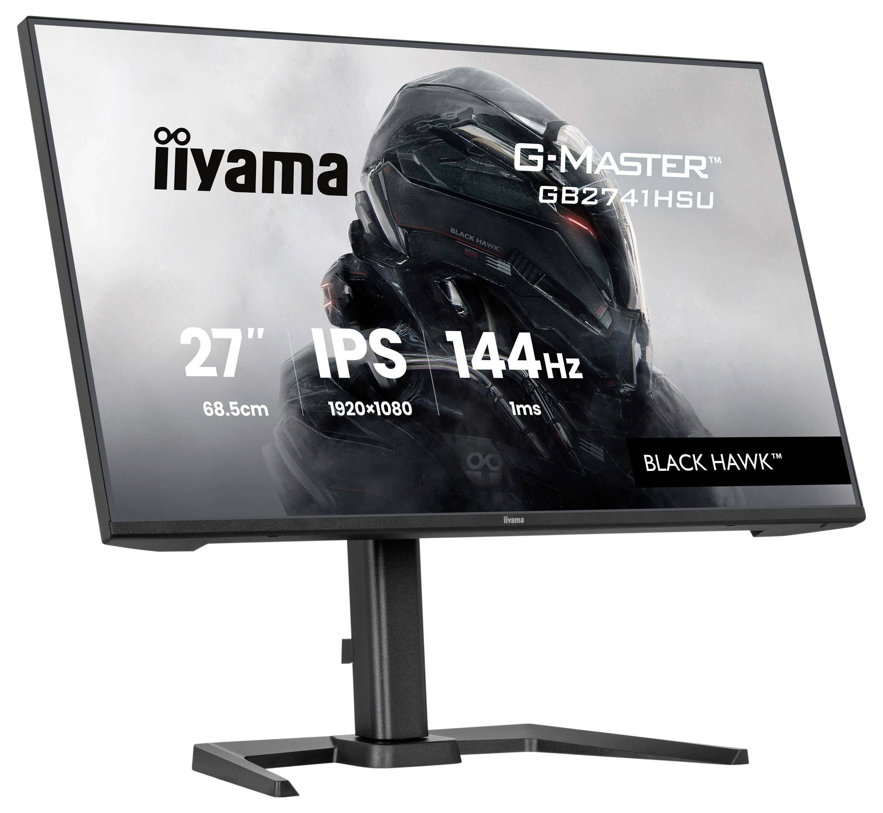 Monitorem je 'iiyama G-Master GB2741HSU', mezi funkce patří 27palcová obrazovka, IPS panel, 144Hz, rozlišení 1920x1080, Black Hawk.