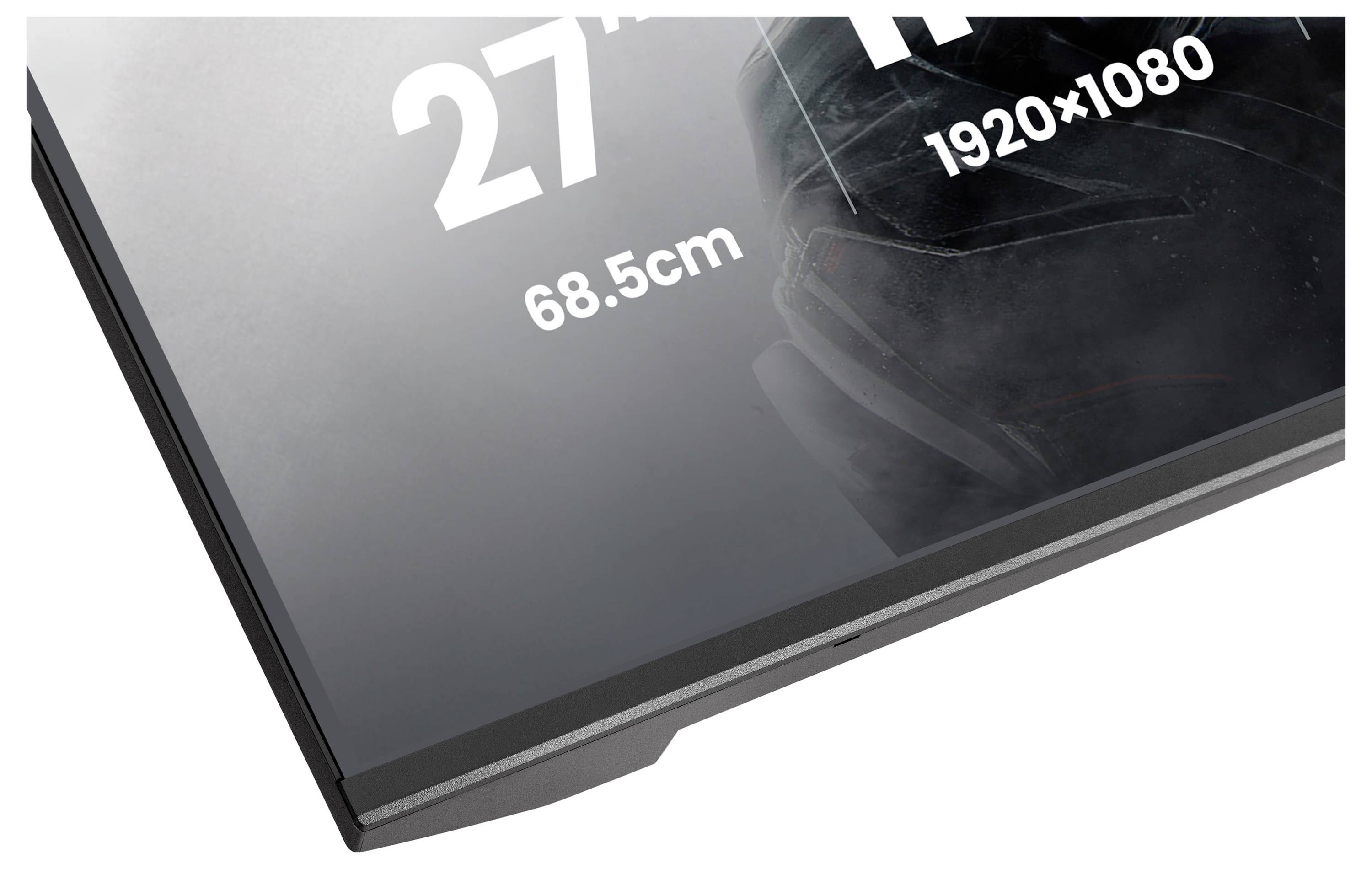 V rohu obrazovky počítačového monitoru se v bílém textu na tmavém lesklém povrchu zobrazují specifikace „27 palců, 68,5 cm, 1920x1080".