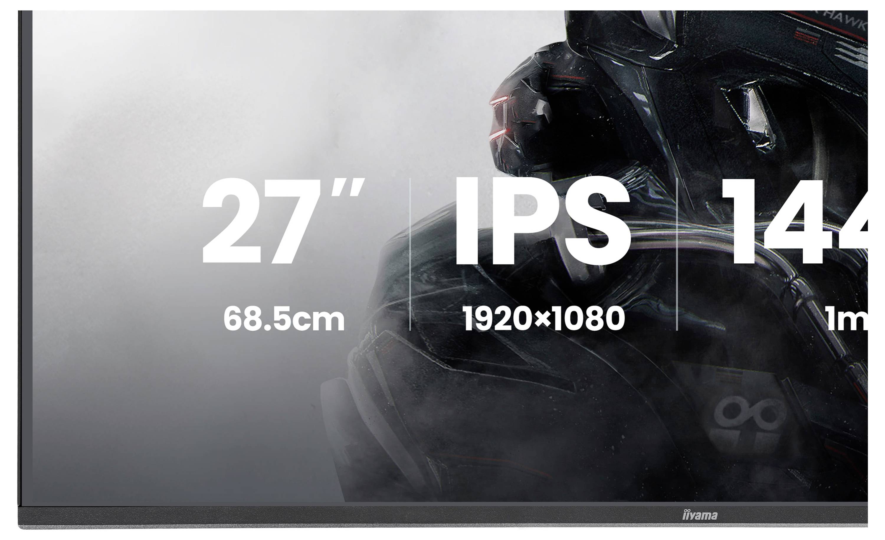 27" IPS displej, rozlišení 1920x1080, obnovovací frekvence 144Hz, doba odezvy 1ms, 68,5cm' zobrazeno na obrazovce s tmavým pozadím.