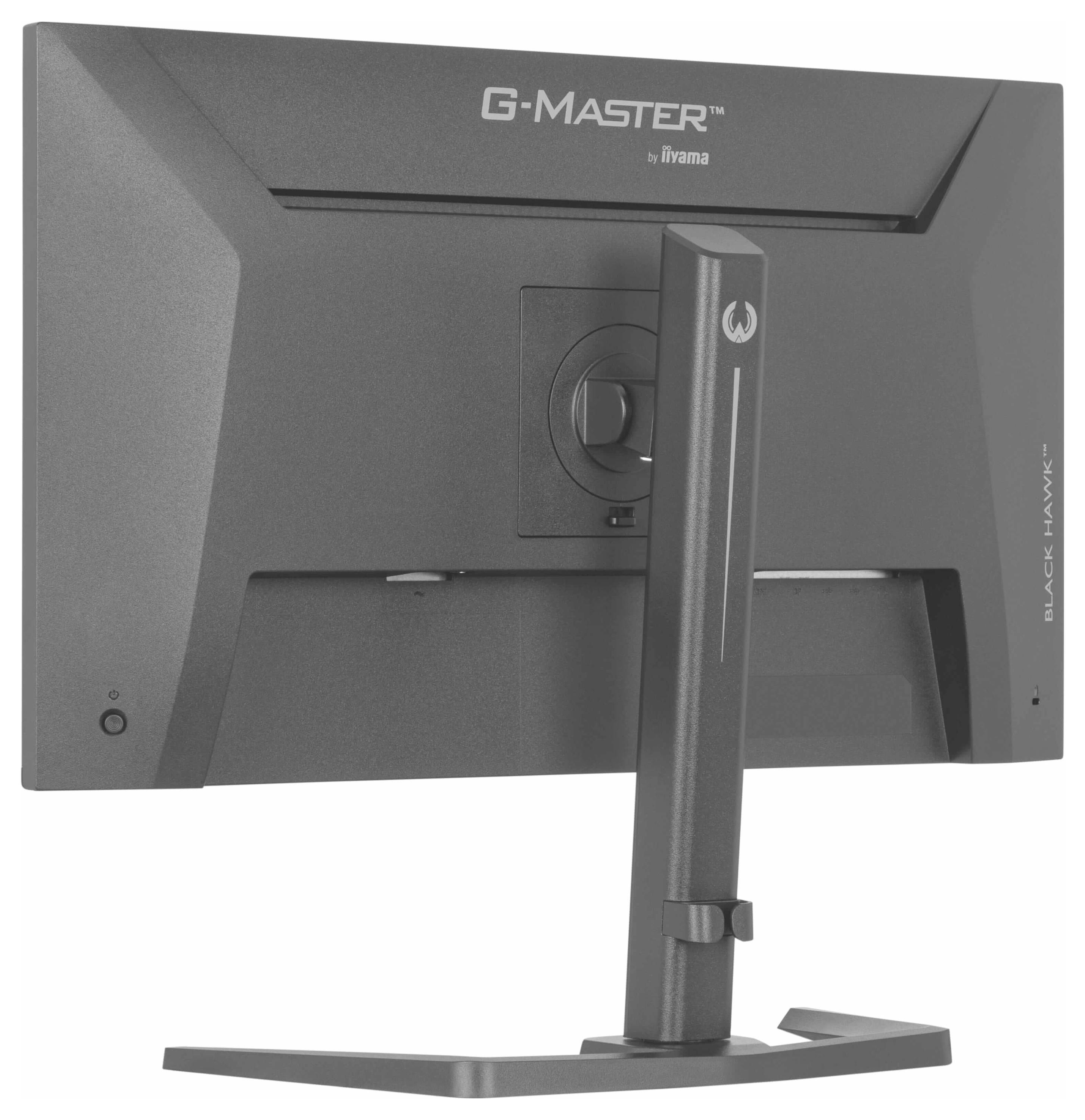 Černý počítačový monitor se širokým stojanem, označený „G-Master" a „Black Hawk," navržený společností iiyama, pohled zezadu.