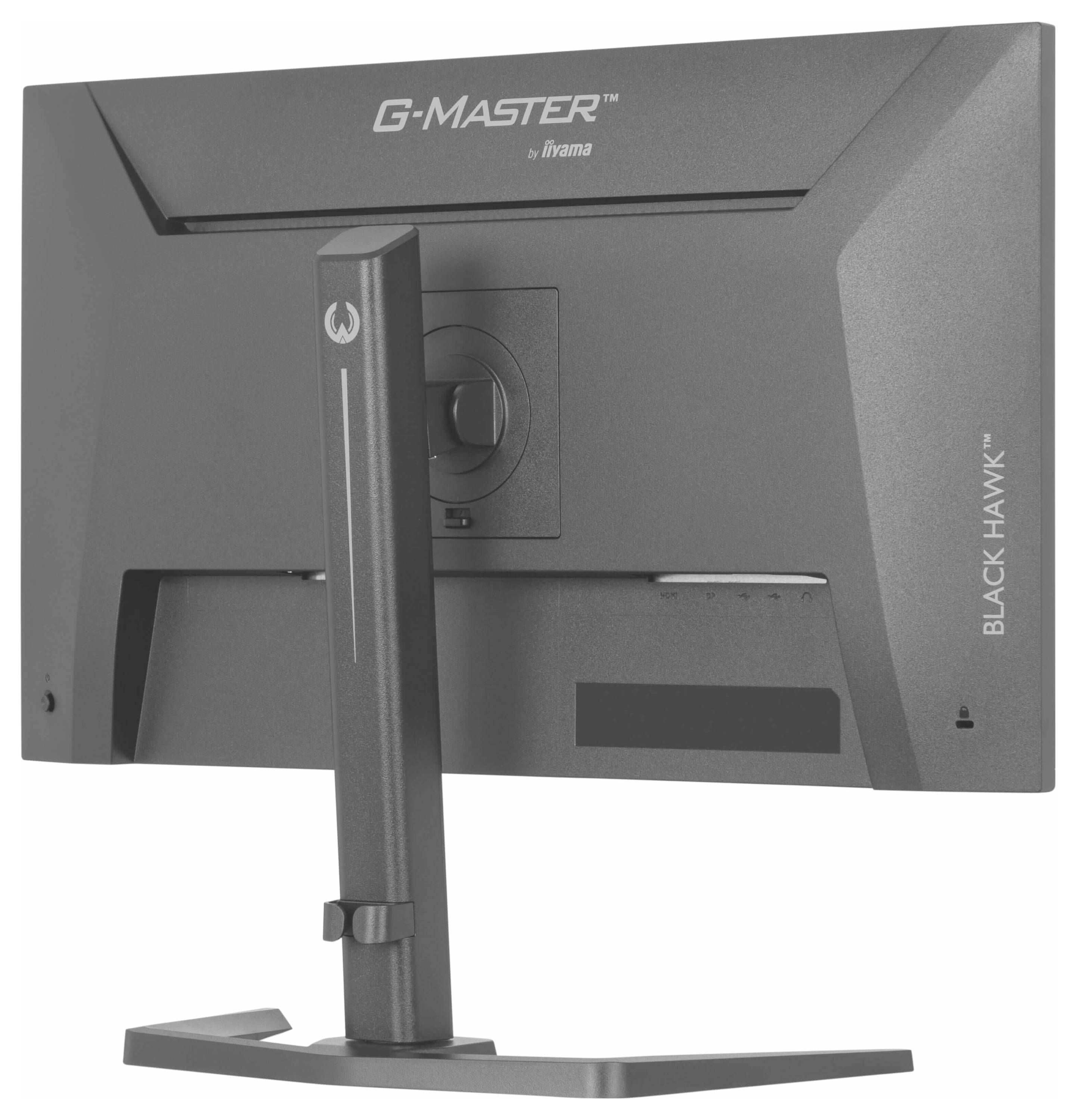 Počítačový monitor značky 'G-Master' a modelu 'Black Hawk' zobrazený zezadu, s robustním stojanem a moderním designem.