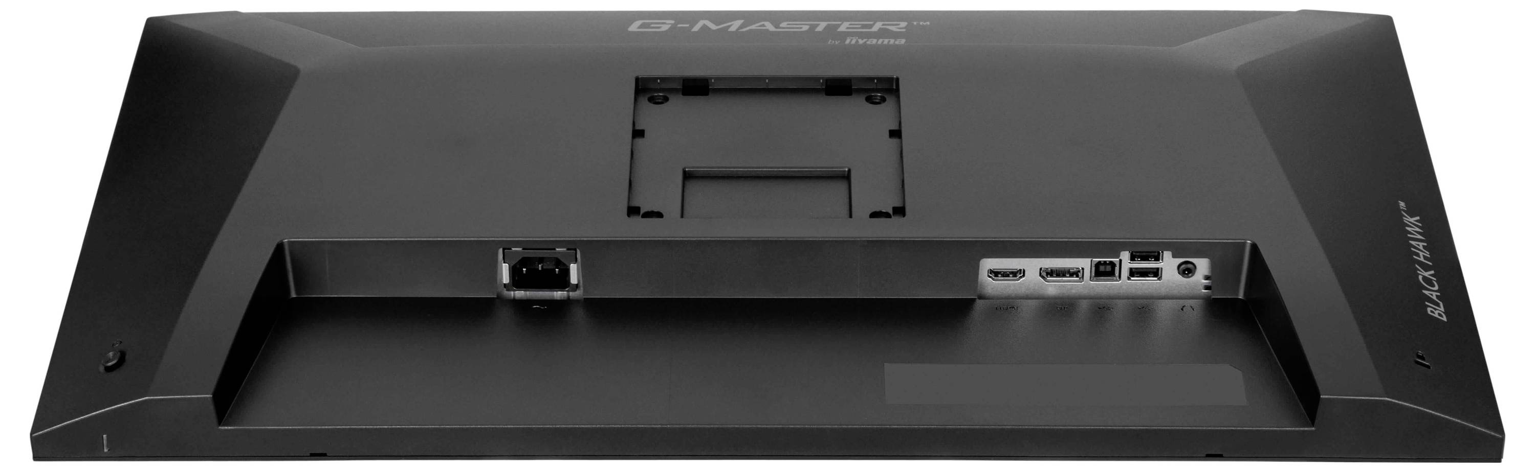 Pohled zezadu na monitor zobrazující porty, včetně HDMI, DisplayPortu, audio jacku a napájecího zásuvky, spolu s oblastí pro VESA montáž.