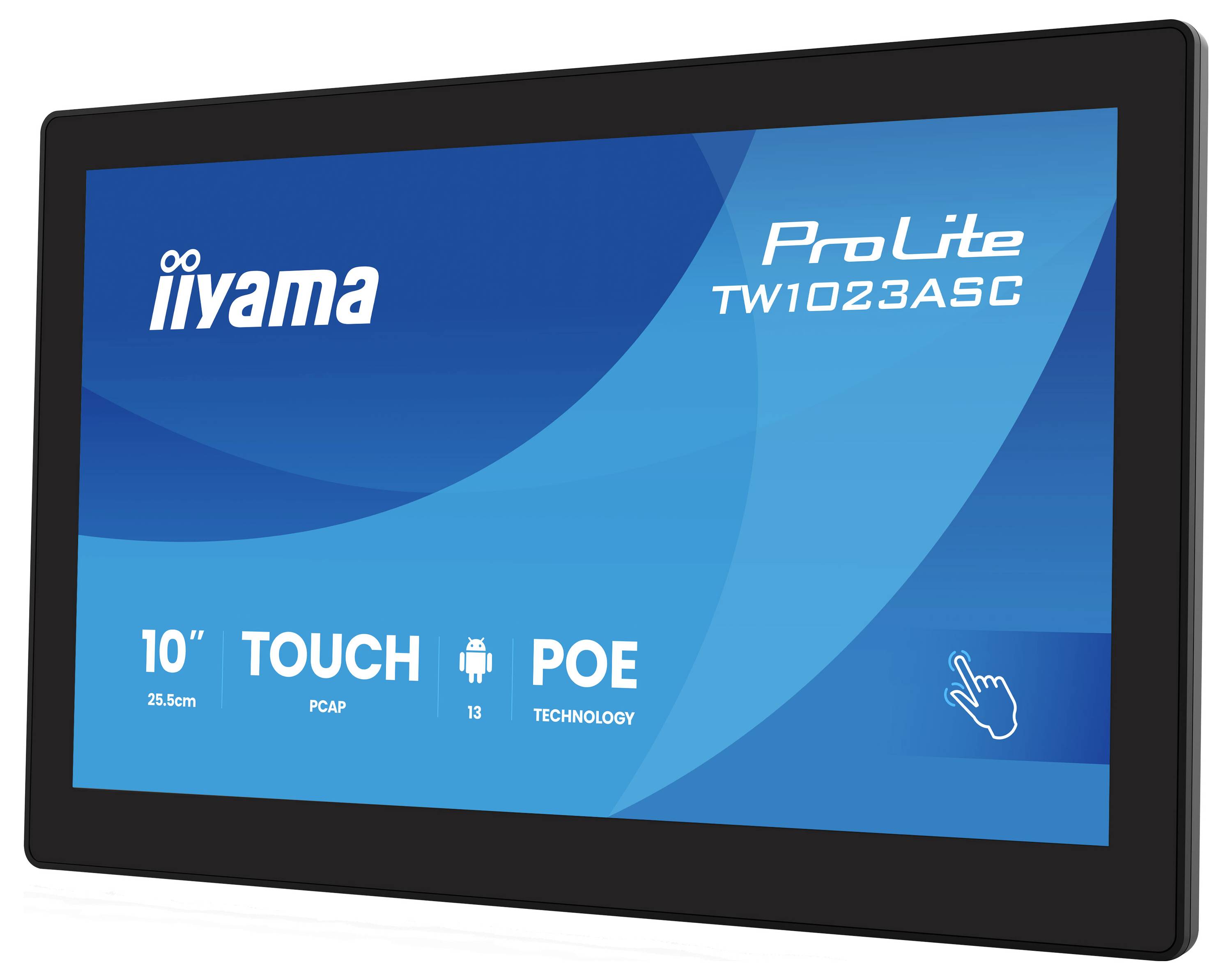 Dotykový monitor 'Iiyama ProLite TW1023ASC', velikost 10 palců, vybavený technologií PCAP a POE. Obrazovka zobrazuje modrý gradient s branding.