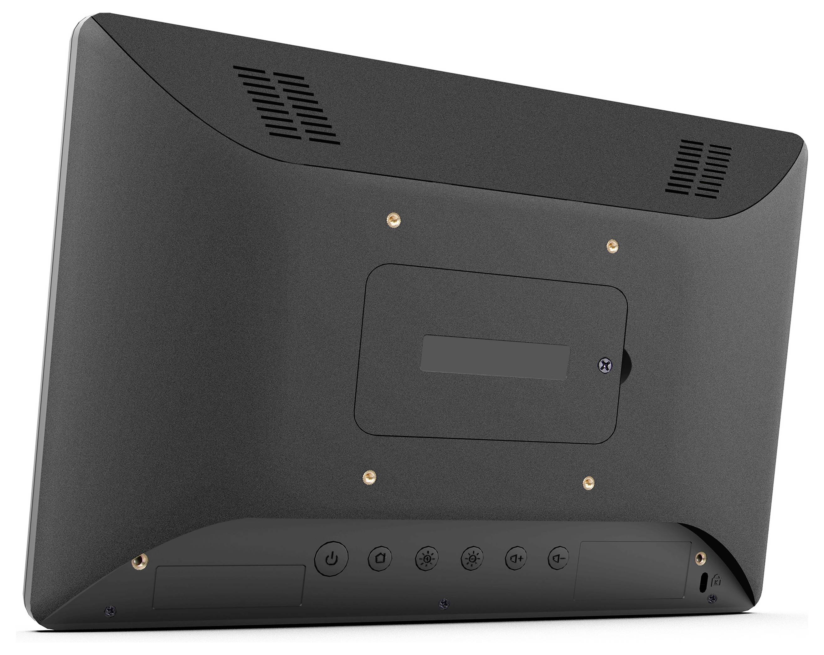 Černý tablet zobrazený ze zadní strany je vybaven různými porty a tlačítky, ventilační mřížkou a obdélníkovým panelem.