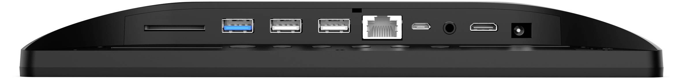 Zadní pohled na prodejní terminál zobrazující různé porty: slot čtečky karet, porty USB, Ethernet a konektor napájení.