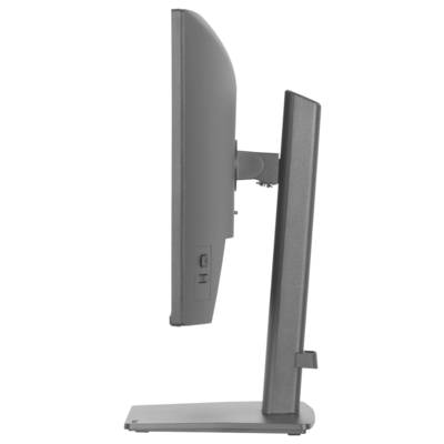 Boční pohled na plochý počítačový monitor na stojanu, který ukazuje jeho tenký design a nastavitelné upevnění.