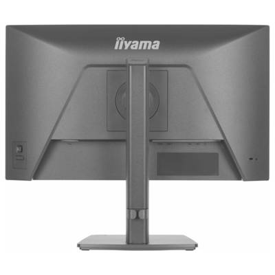 Šedý počítačový monitor iiyama pohled zezadu, zobrazující nastavitelný stojan a funkci správy kabelů.