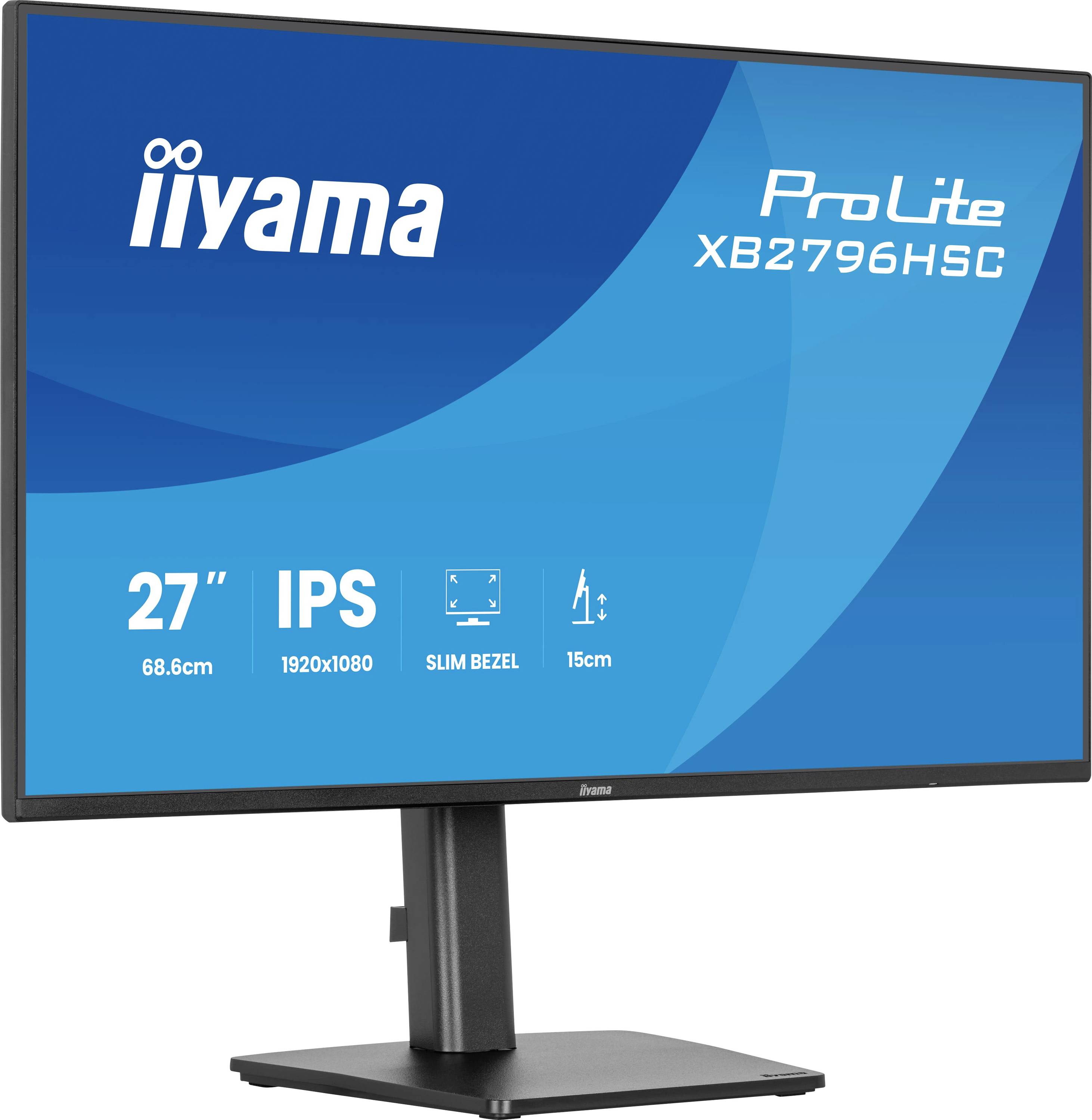 Monitor iiyama ProLite XB2796HSU o velikosti 27 palců se úzkým rámečkem, s rozlišením Full HD (1920x1080) a nastavitelným stojanem.