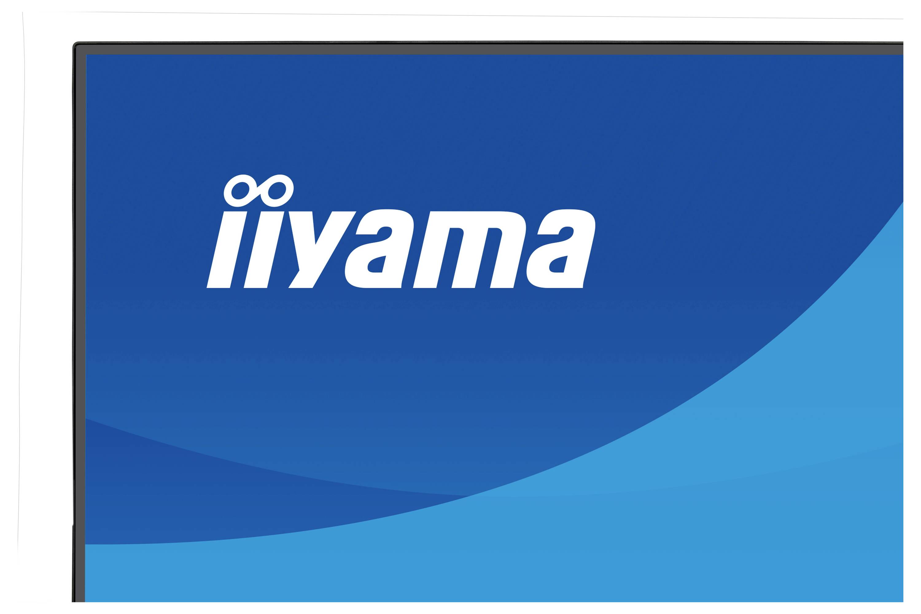 Logo 'IIYAMA' na modrém pozadí s zakřiveným designem.
