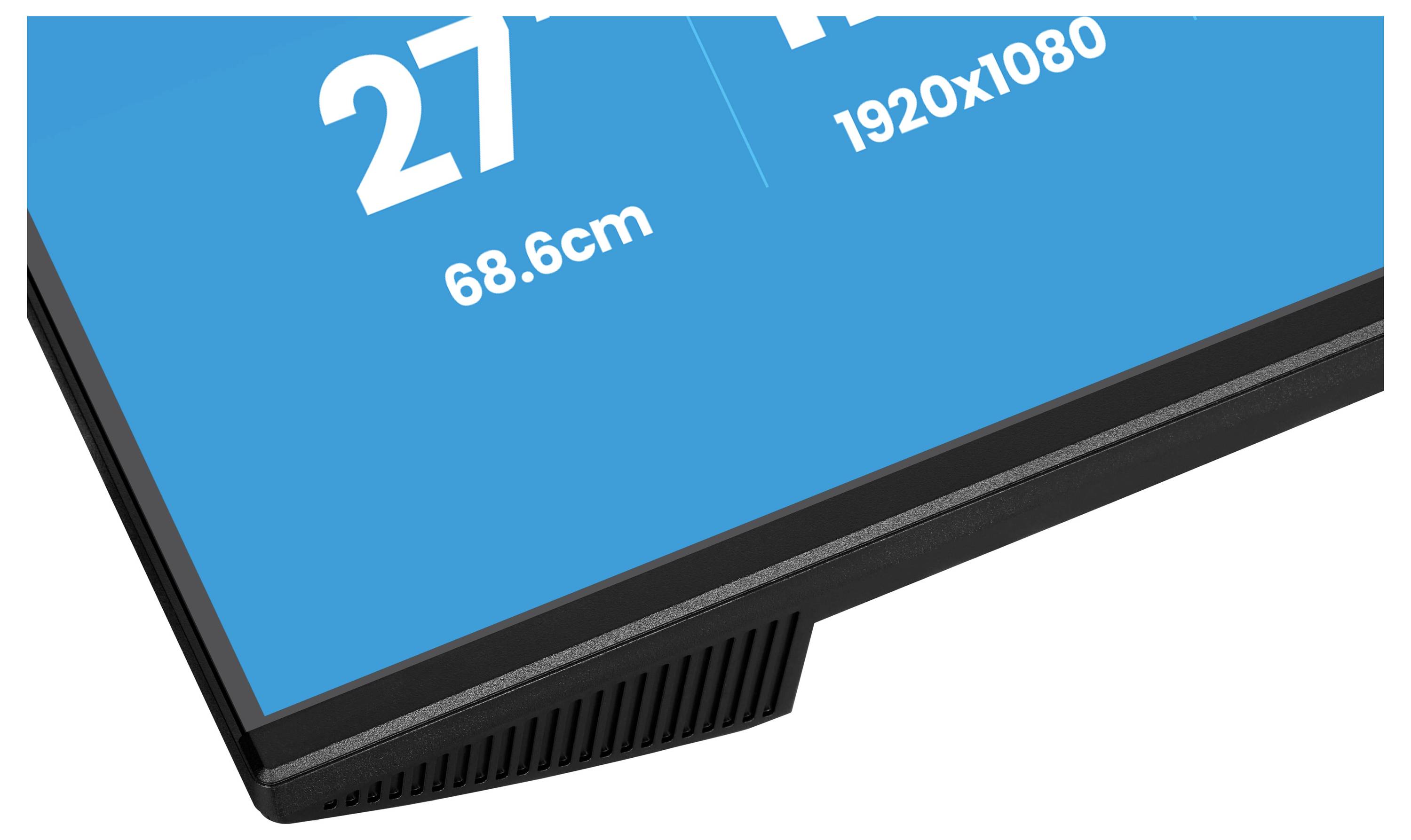 Roh plochého obrazovky monitoru zobrazující '27' a '68,6cm', což udává velikost obrazovky, s rozlišením '1920x1080' na modrém pozadí.
