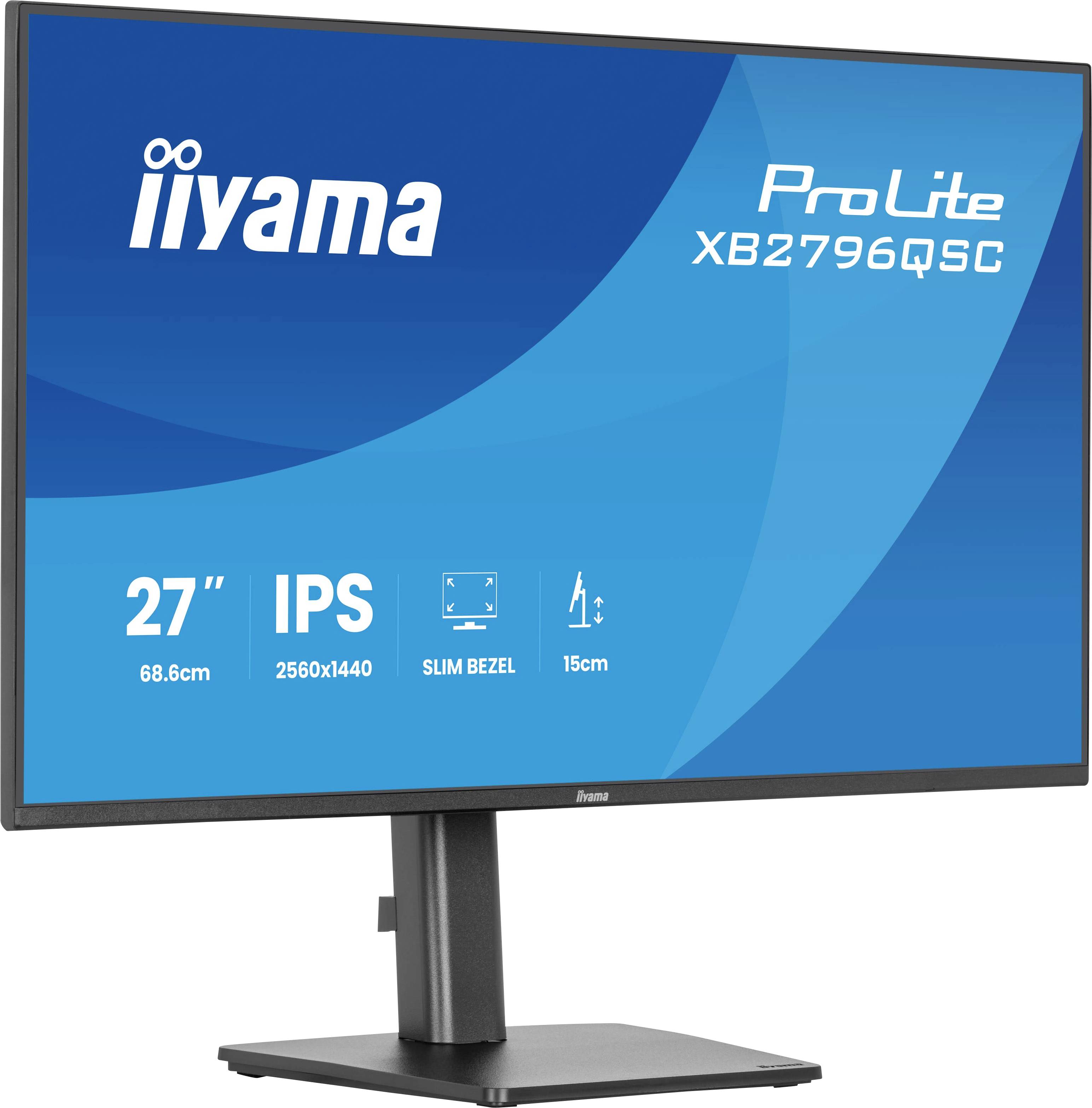 Počítačový monitor zobrazující své vlastnosti: 27palcová velikost, IPS panel, rozlišení 2560x1440, úzký rámeček a nastavitelný podstavec o výšce 15 cm.
