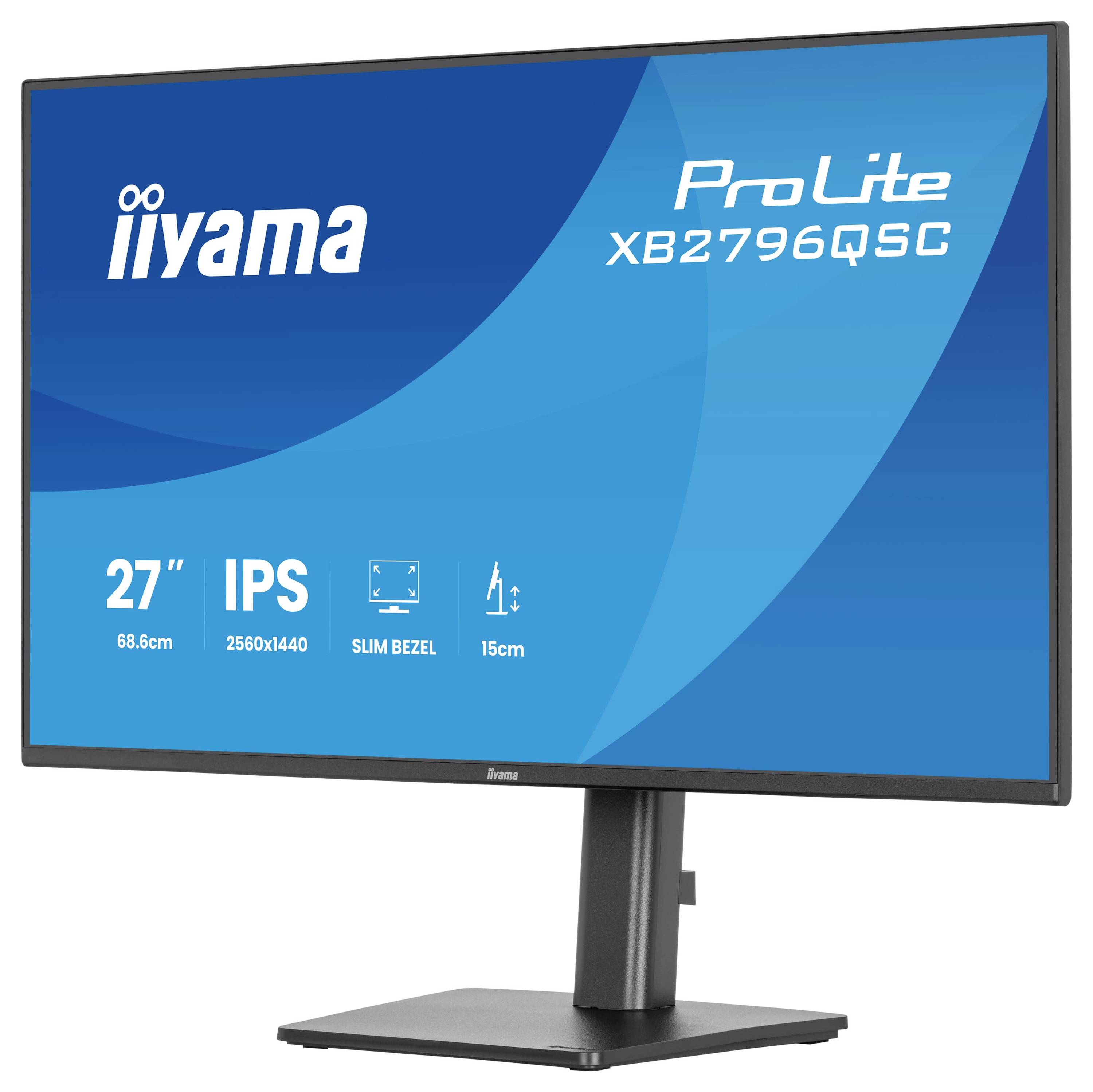 Monitor s nápisem "iiyama ProLite XB2796QSC" zobrazeným na obrazovce. Funkce zahrnují velikost 27 palců, IPS panel, rozlišení 2560x1440, tenký rámeček.