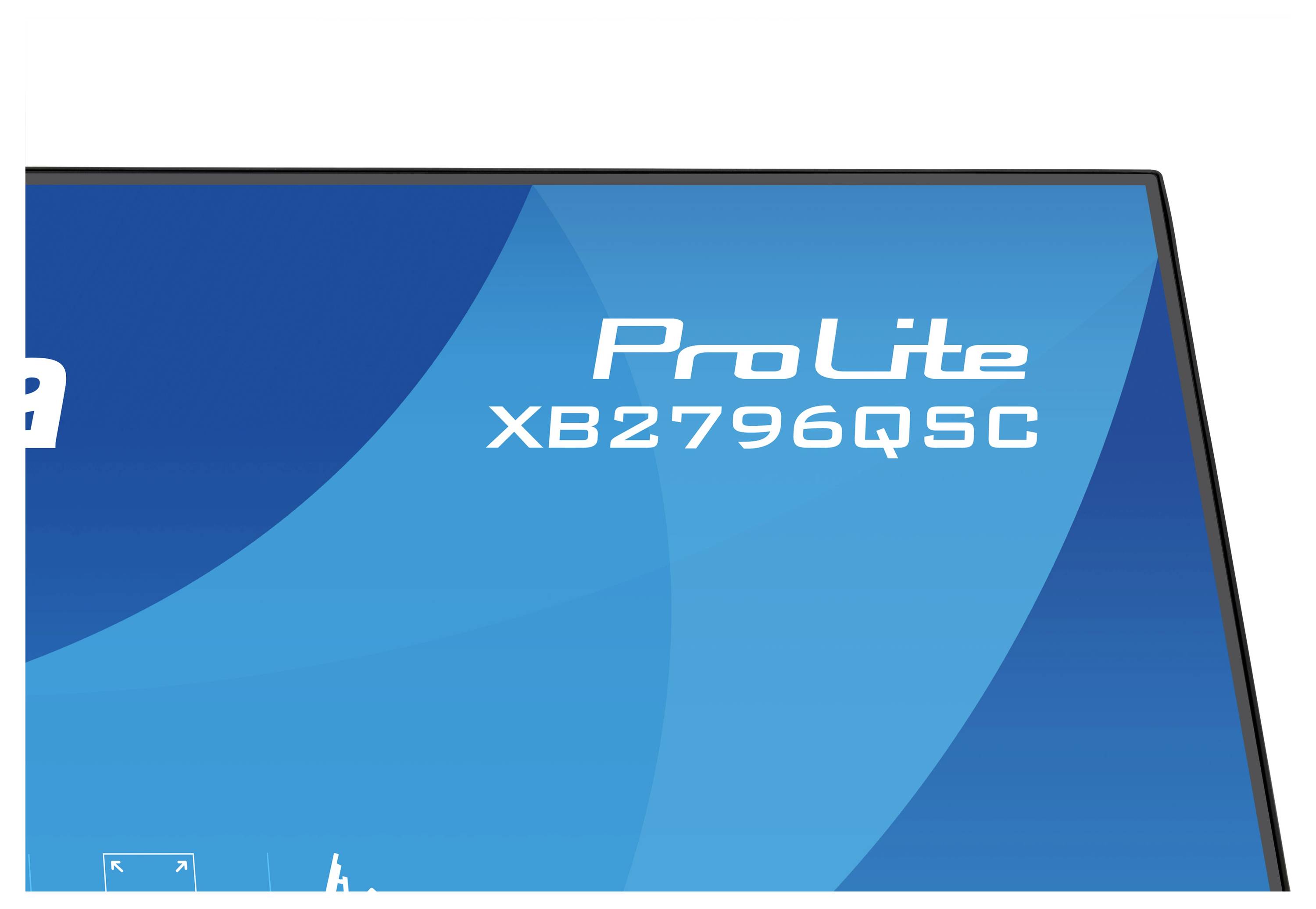 Počítačový monitor zobrazující "iiyama ProLite XB2796QSC", mezi funkce patří velikost 27 palců, rozlišení 2560x1440, IPS panel, tenký rámeček.