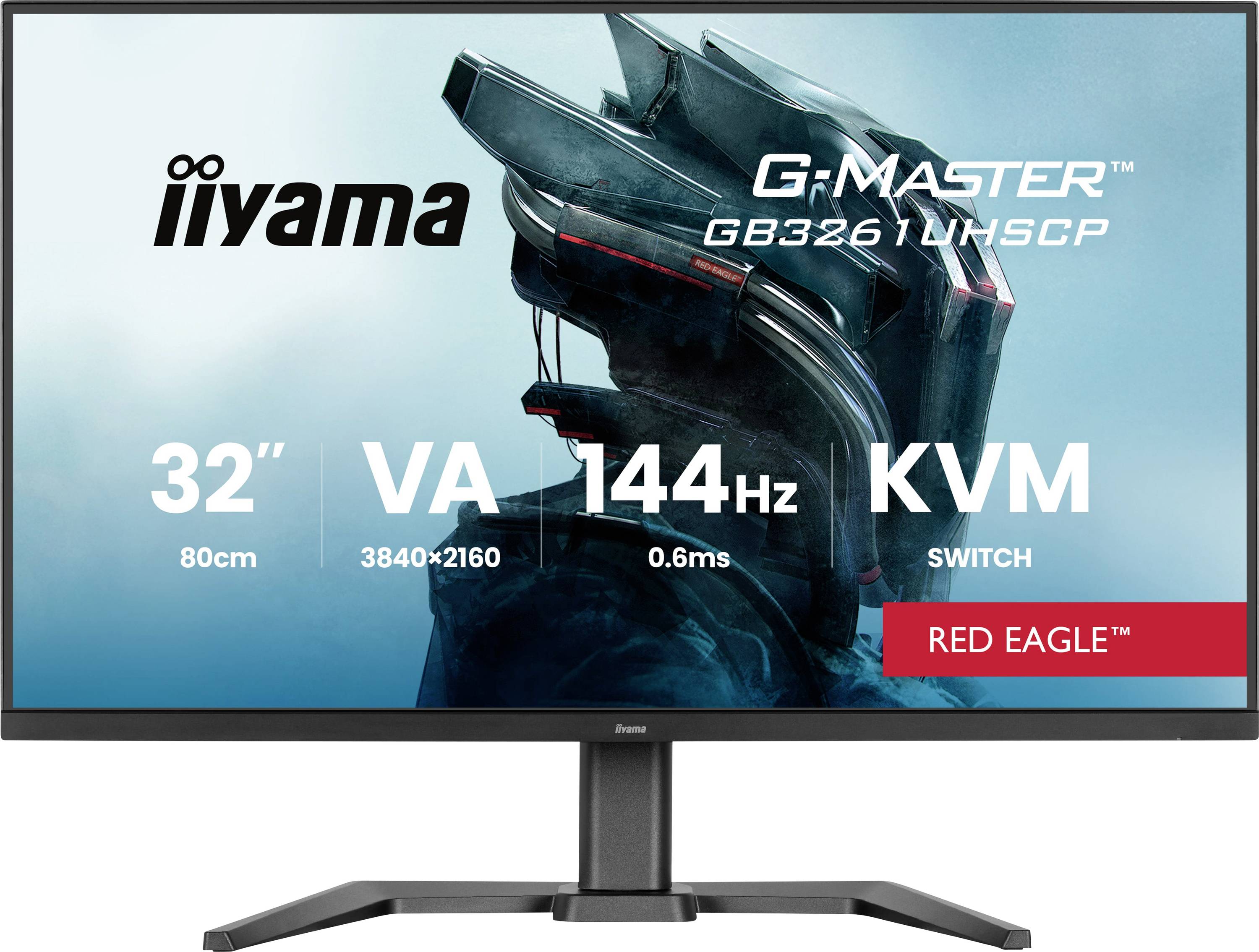 Herní monitor 'Iiyama G-Master GB3261UHSCP' s 32palcovou obrazovkou, VA panelem, rozlišením 4K, výkonem 144Hz a přepínačem KVM.
