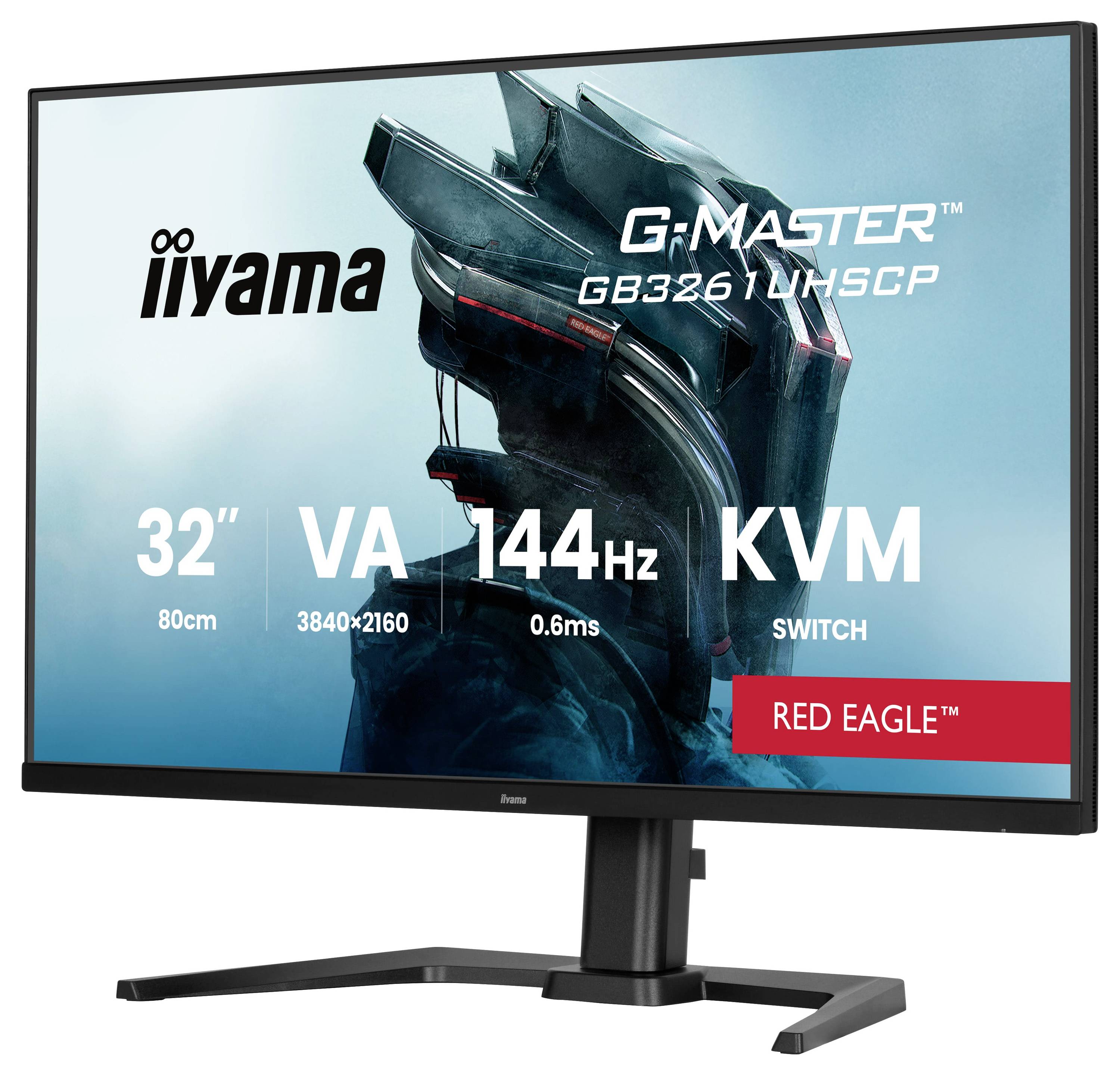 Monitor iiyama G-MASTER s úhlopříčkou 32 palců zobrazuje klíčové vlastnosti: VA panel, obnovovací frekvence 144Hz, doba odezvy 0,6ms, rozlišení 3840x2160, KVM přepínač.