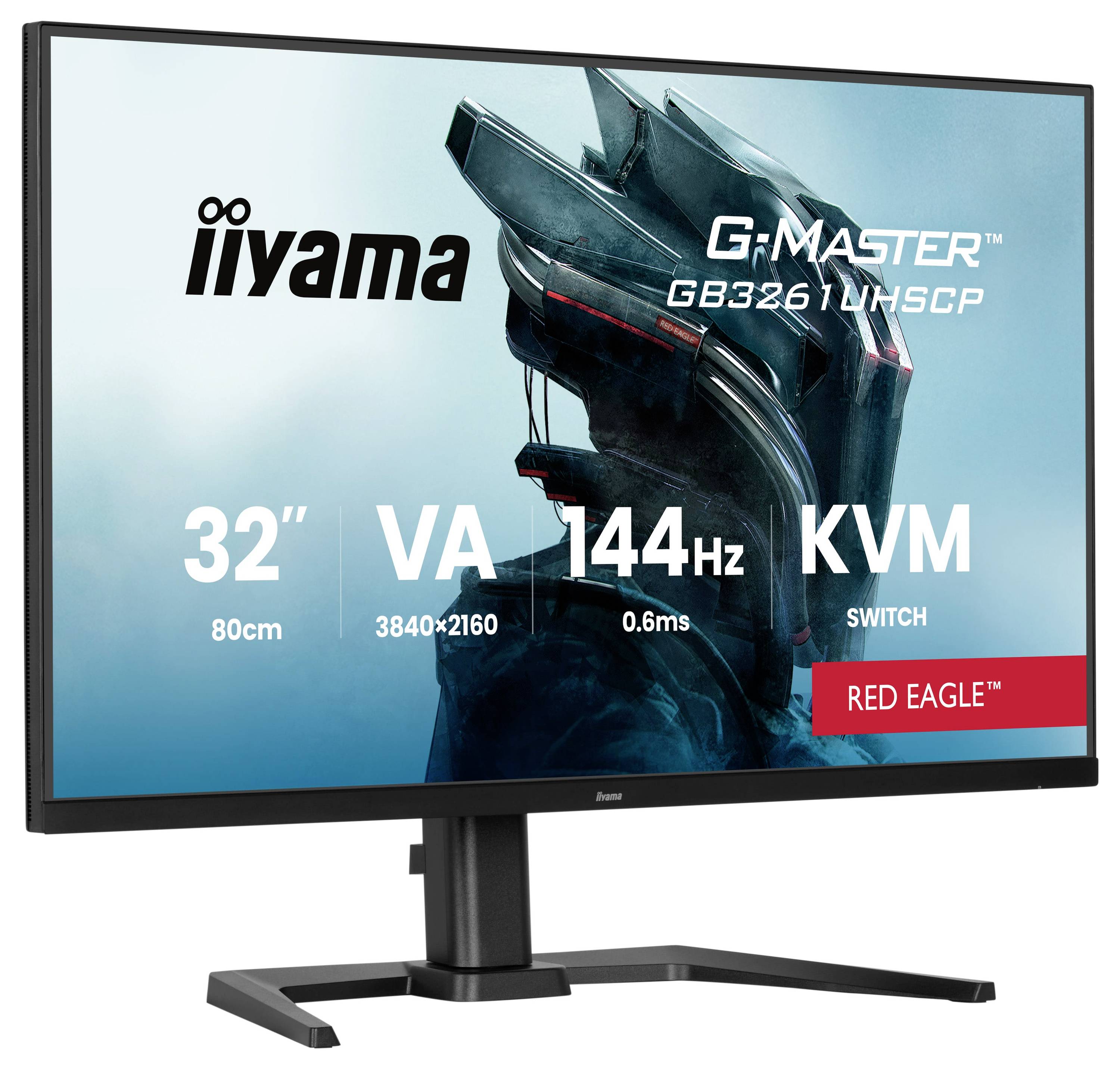 Monitor o velikosti 32 palců zobrazující 'iiyama G-Master Red Eagle' s funkcemi: VA panel, rozlišení 3840x2160, obnovovací frekvence 144Hz, doba odezvy 0,6ms, KVM přepínač.