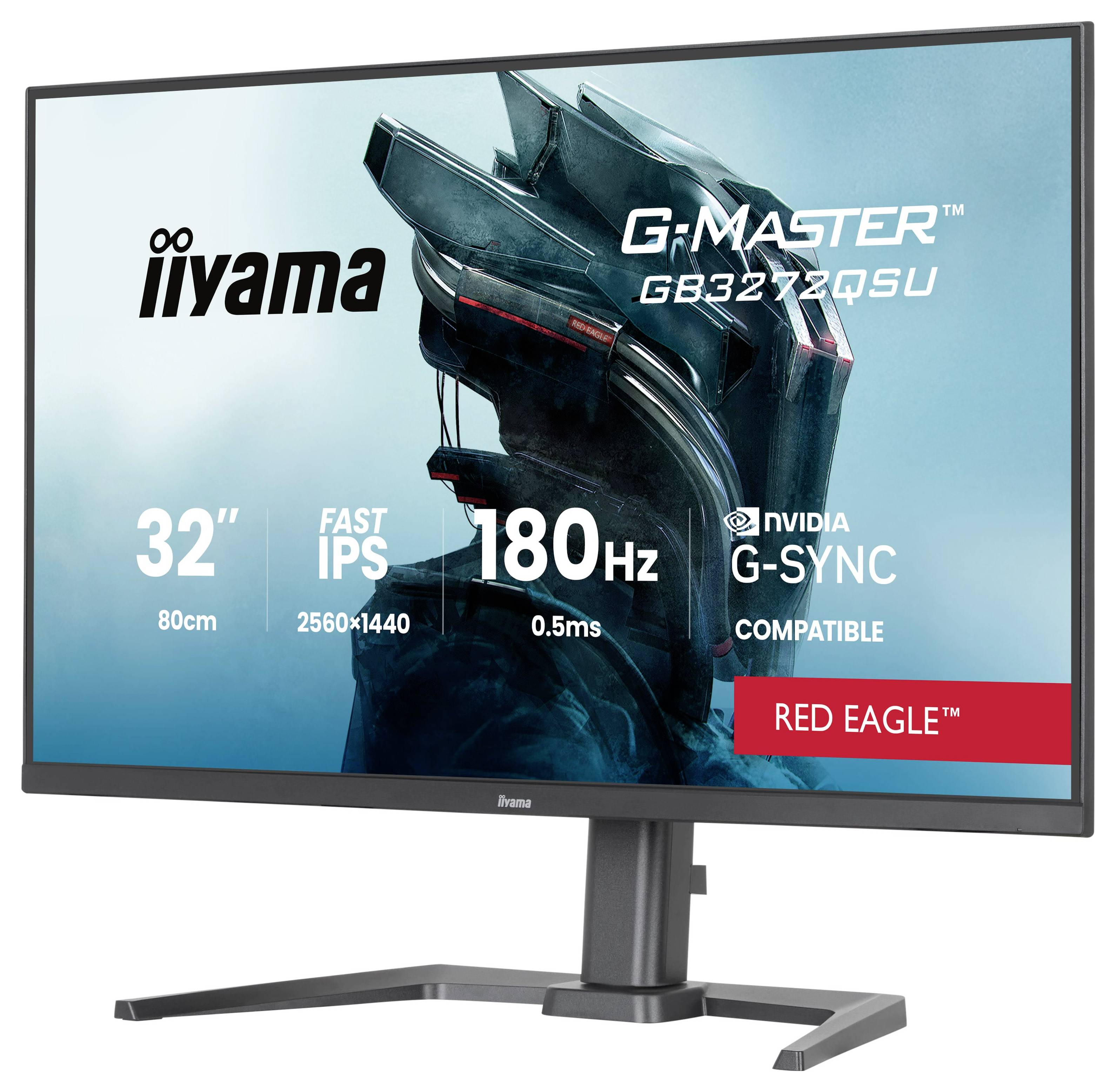 Obrázek zobrazuje monitor iiyama G-Master 32 palců, na kterém je vypsáno 'G-Master GB3272QSU', s vlastnostmi jako rozlišení 2560x1440 a obnovovací frekvence 180Hz.