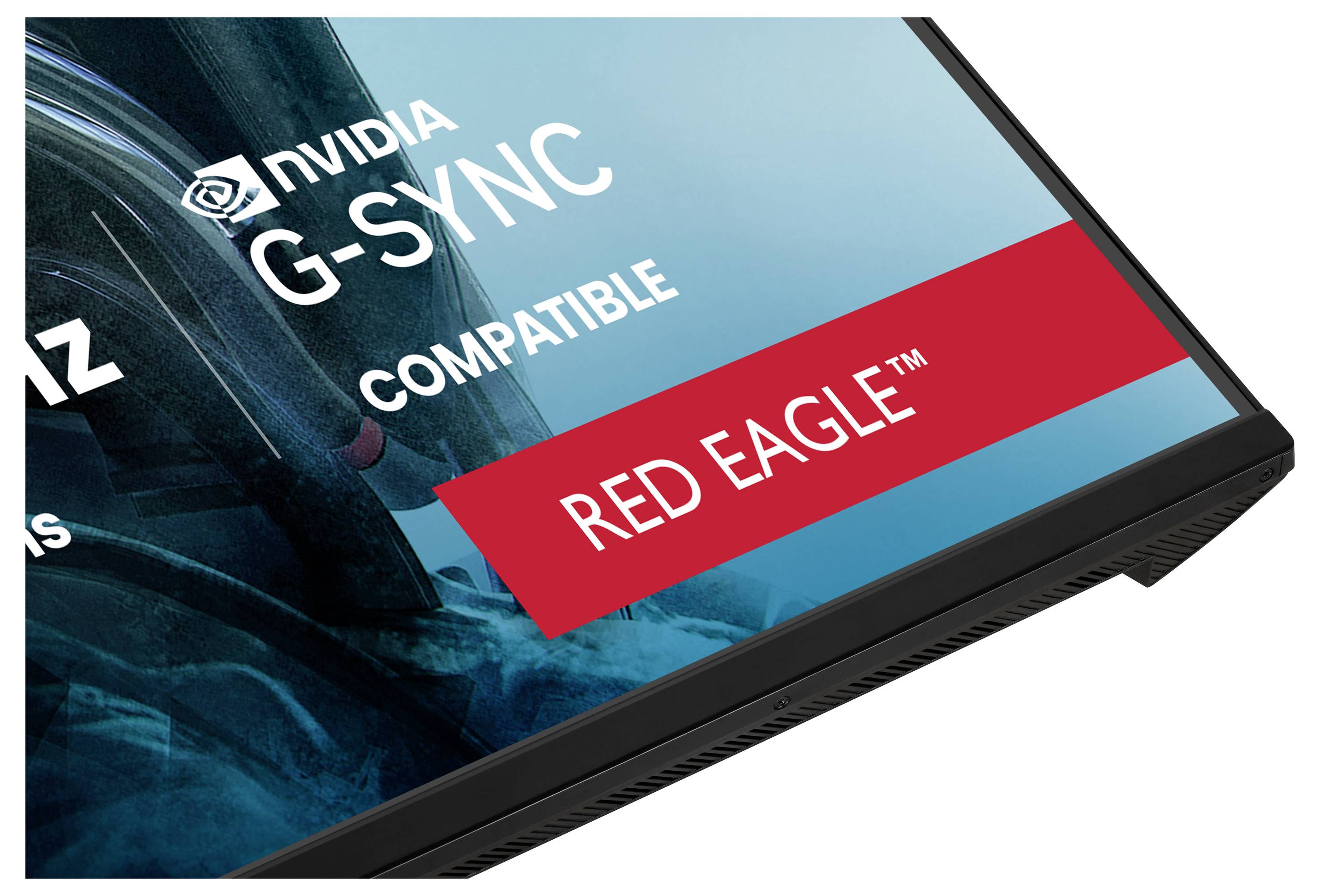 Roh monitoru s logem NVIDIA G-SYNC a značkou "Red Eagle" na obrazovce, která označuje kompatibilitu a produktovou řadu.