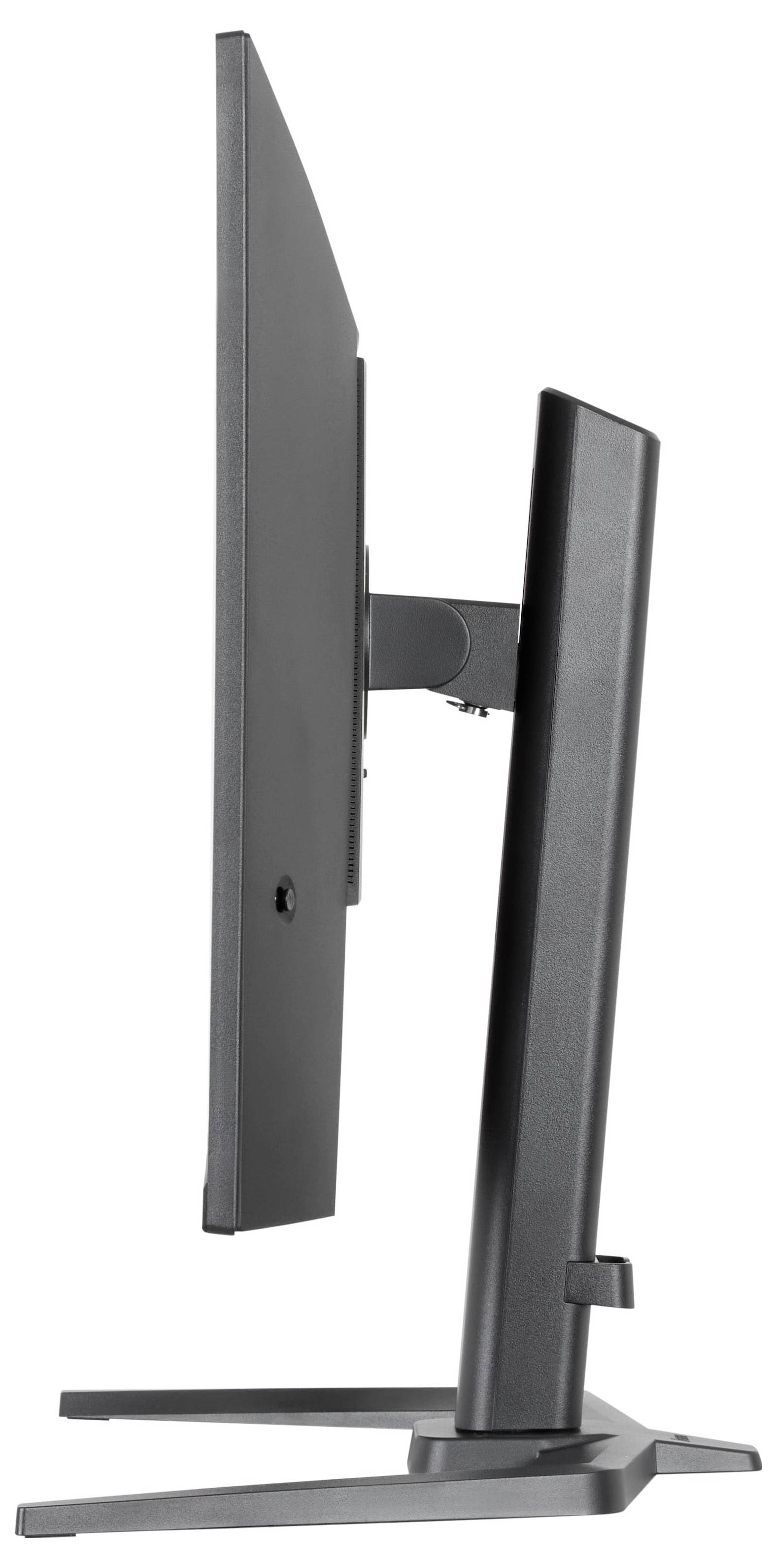 Pohled ze strany na štíhlý černý počítačový monitor se solidním stojanem, zobrazující jeho tenký design a nastavitelné features stojanu.