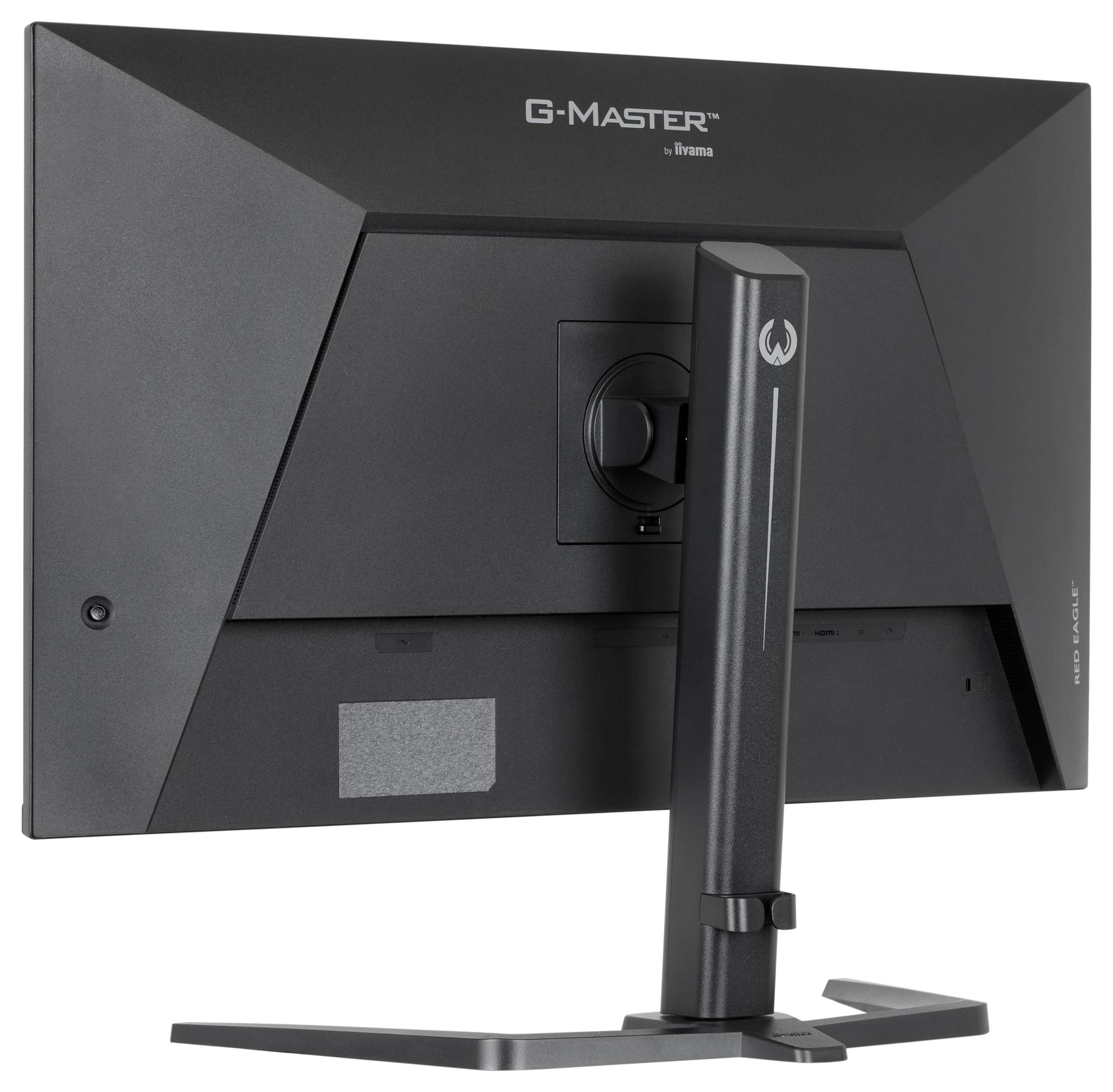 Černý herní monitor iiyama G-Master fotografovaný ze zadní strany, ukazující robustní stojan a nastavitelný držák, zdůrazňující jeho design.